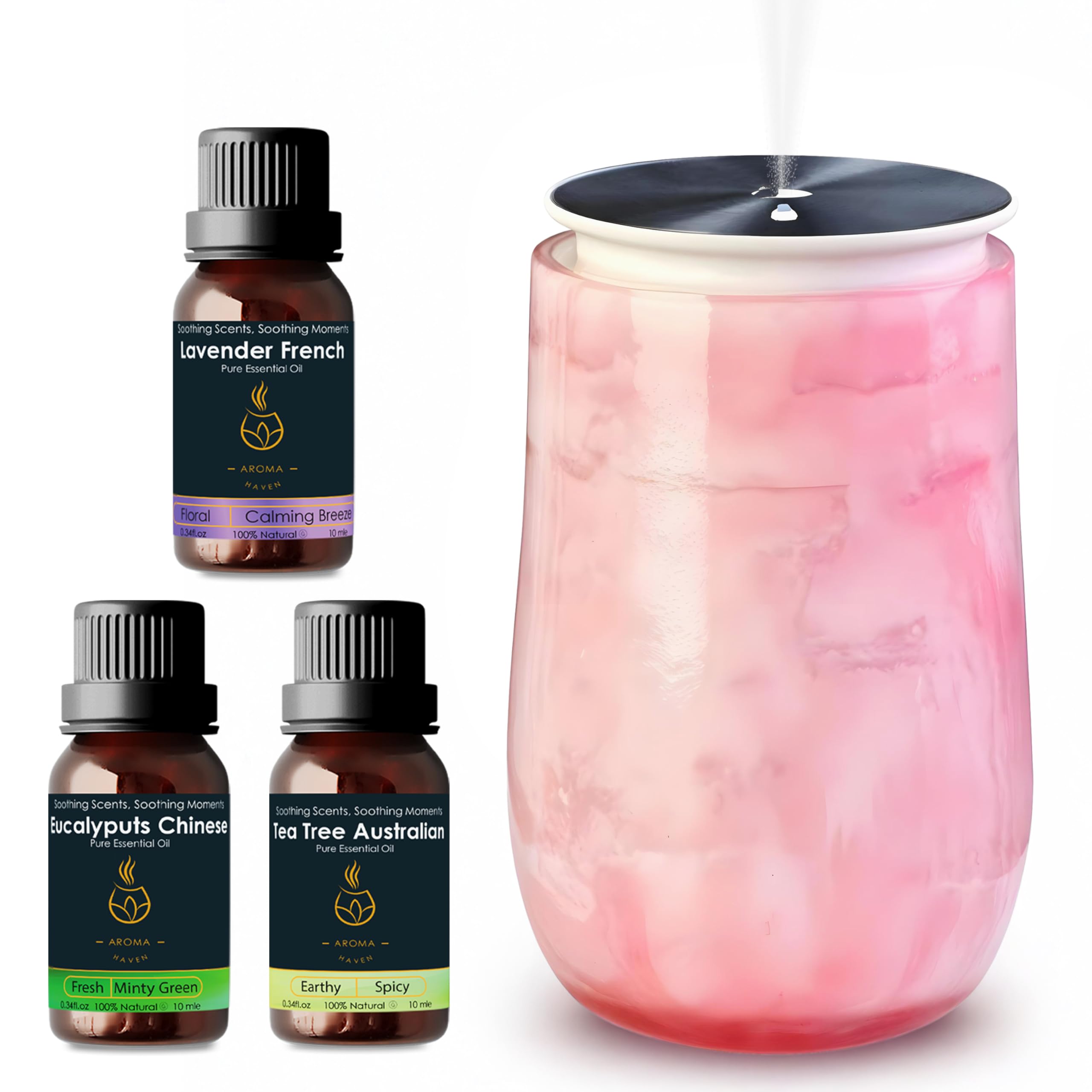 Aroma Haven Pink S5 Marble Aromatherapy Diffuser | Cordless Waterless Essential Oil Nebulizer | Portable Rechargeable Scent Diffuser For Home & Bedroom | 3 Aroma Modes (Diffuser & Essential Oils Set)