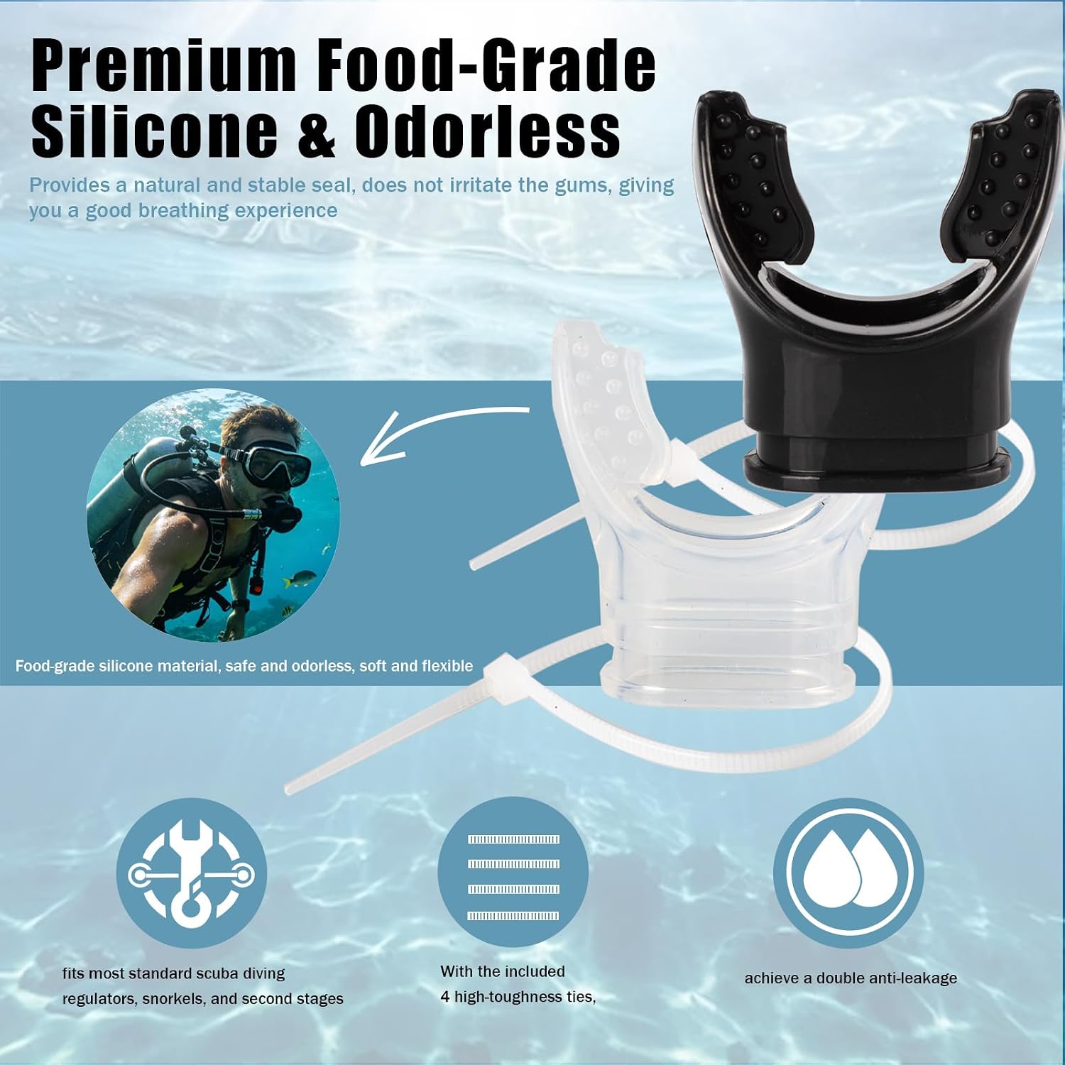 Scuba Diving Mouthpiece 4-Pack, Soft Silicone Snorkel Mouthpiece Regulator Replacement with 4 Ties, Universal Fit for Most Standard Regulators Scuba Accessories, 2 Black & 2 Clear