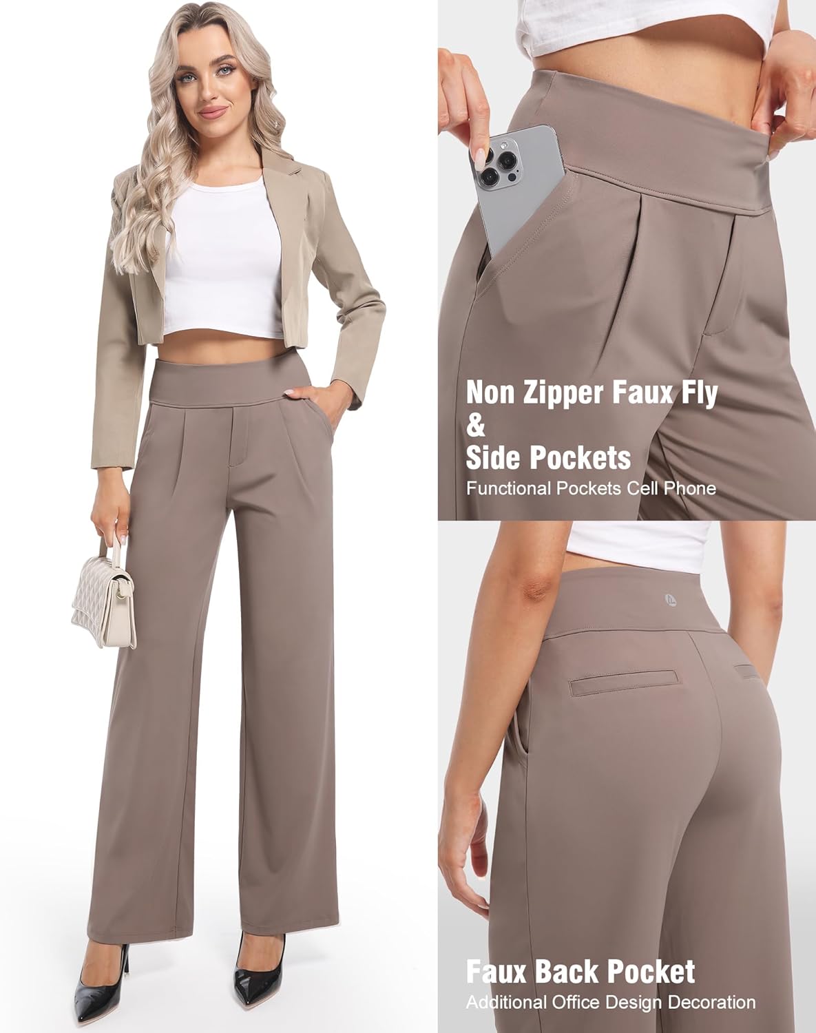 CL convallaria Wide Leg Yoga Dress Pants for Women with Pockets High Waisted Trousers Stretch Sweatpants Business Casual Regular, Taupe, Medium - Image 4