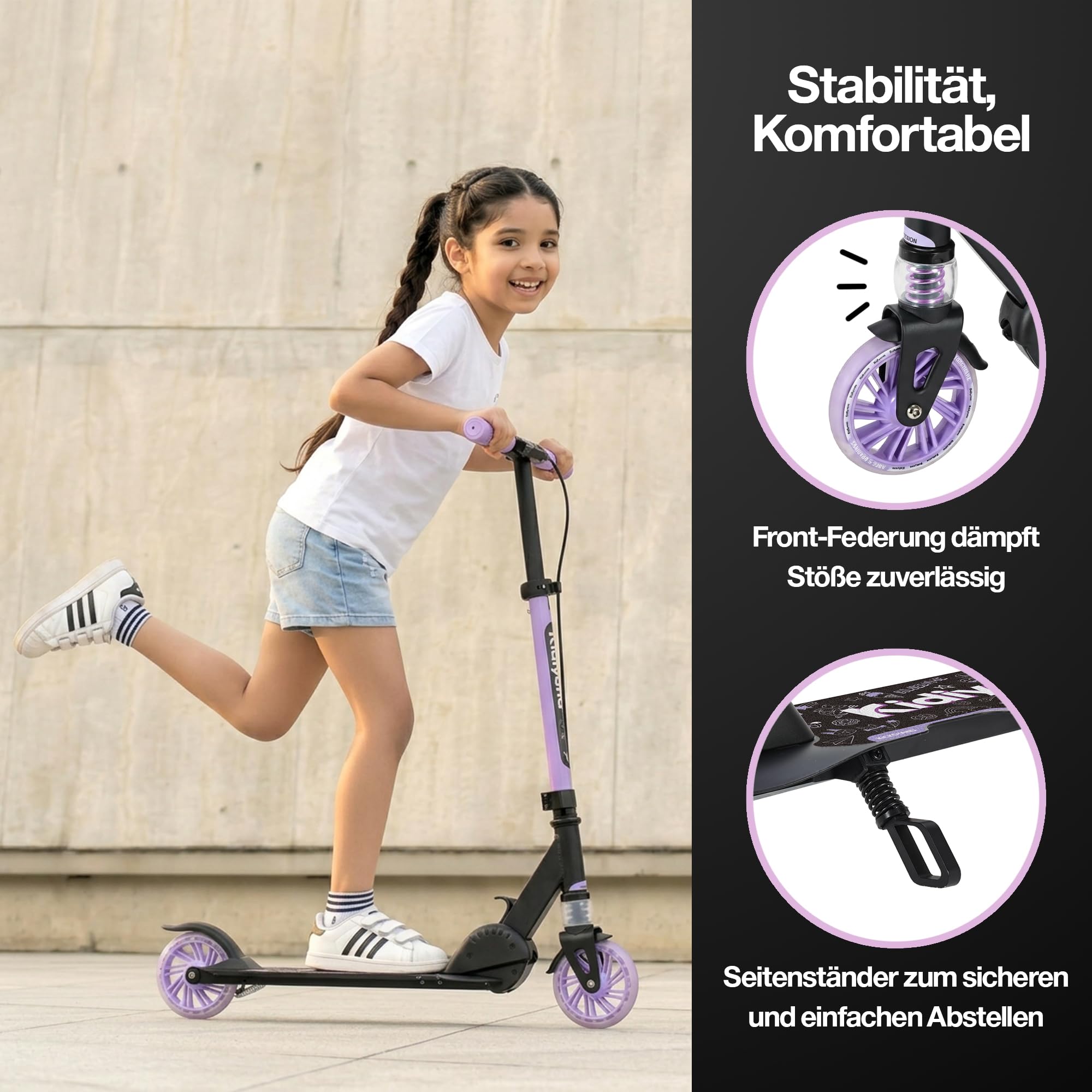 Kinderroller Scooter ab 5 Jahren bis 50 kg – Tretroller für Jungen & Mädchen mit 120 mm PU-Leuchträdern, ABEC-5 Kugellager, Handbremse & Stoßdämpfung, klappbar & höhenverstellbar