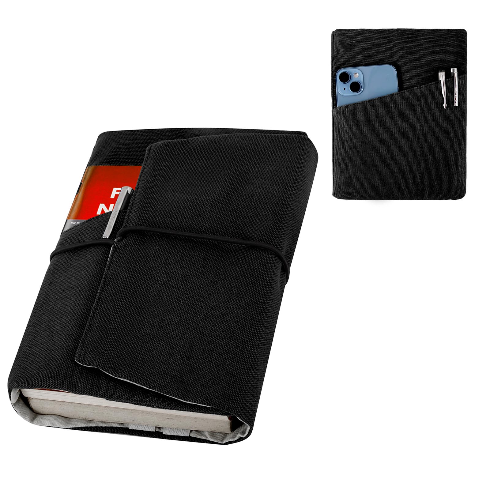Black Canvas Book Cover with Additional Sleeve Pocket and Bookmark
