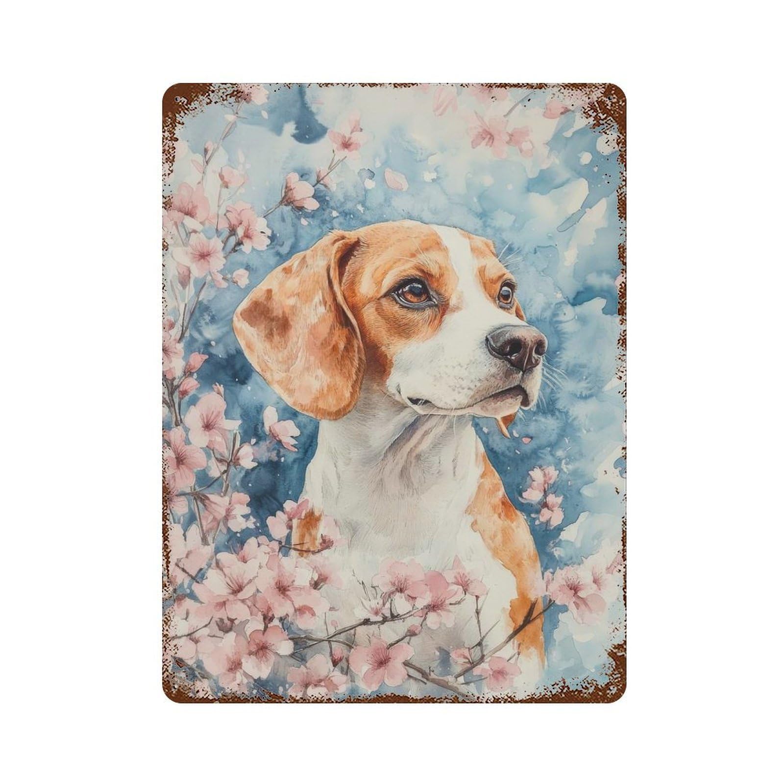 Beagle Dog with Cherry Blossoms Watercolor Floral Beagle Poster Vintage Rust Metal Sign 15.7"x11.8", for Pub, Kitchen And Man Cave Decor, Rustic Home Decor