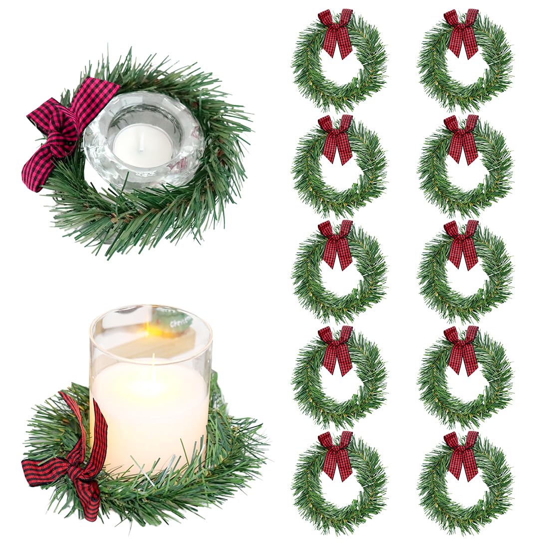 10 Pcs Christmas Candle Rings, Christmas Kitchen Cabinet Wreaths with Ribbon 3.94 Inch Mini Christmas Wreath Red and Black Plaid Bow Farmhouse Wreath for Holiday Christmas Decorations(Bow Tie)
