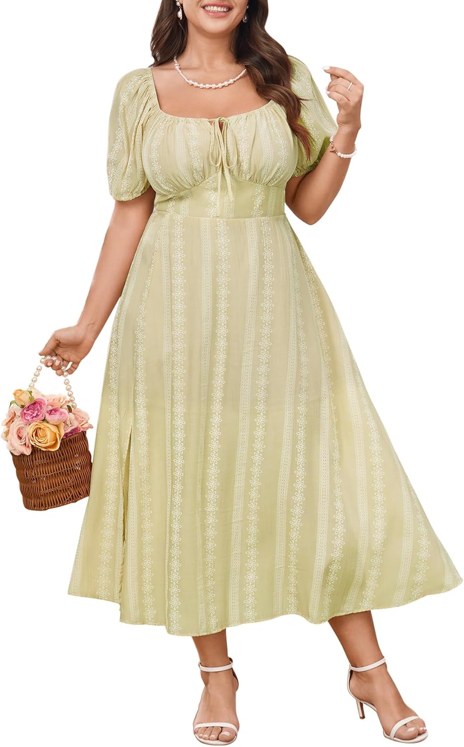 SCOMCHIC Womens Plus Size Summer Dresses Short Sleeve Square Neck Milkmaid Dress Tie Front Split A-Line Maxi Dress