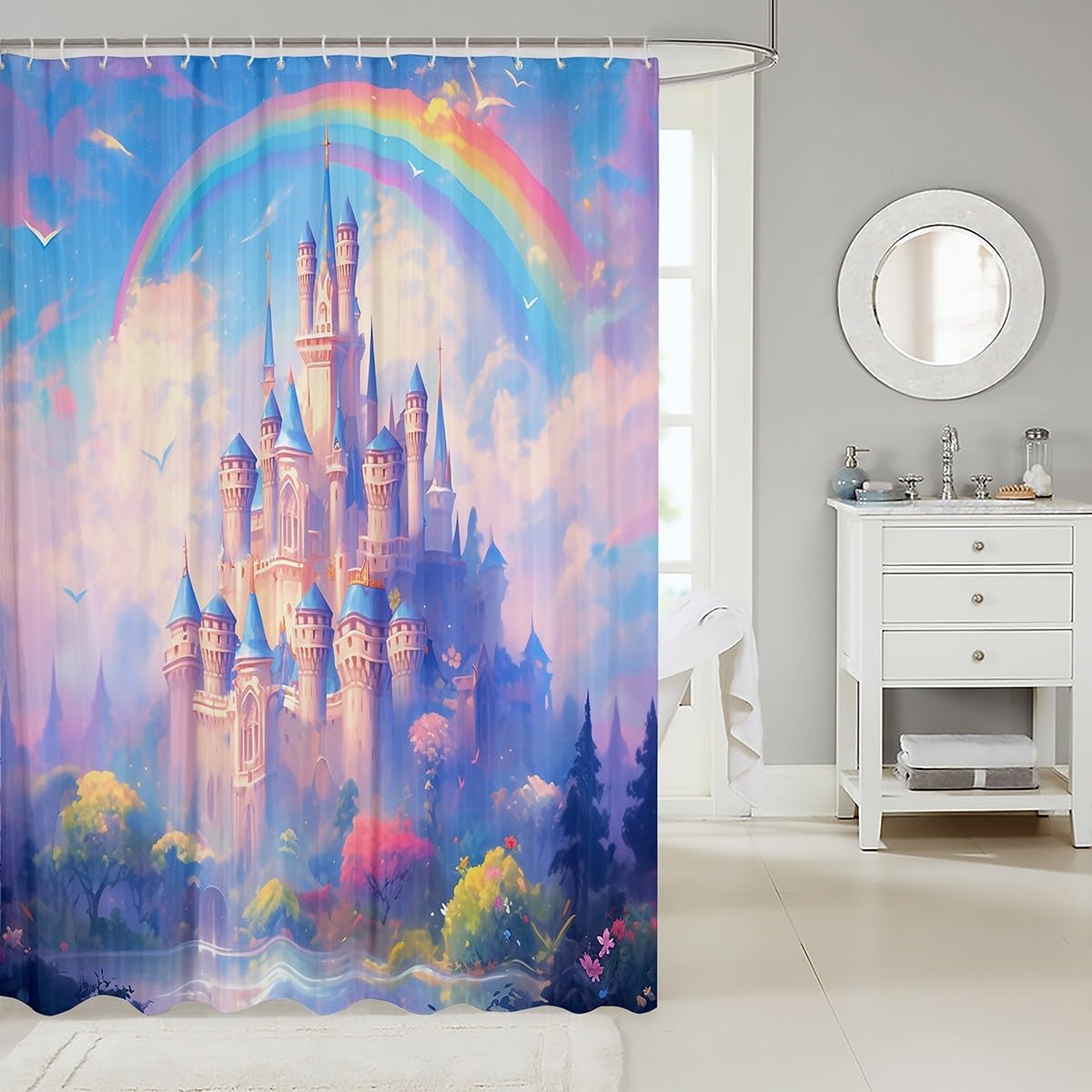 Fairy Tale Castle Shower Curtain with Hooks,Rainbow Sky Girls Cartoon Style Waterproof Bath Curtain,Fantastic Scenery Art Watercolor Bathroom Accessories Curtain Panel, 72Wx84L inch