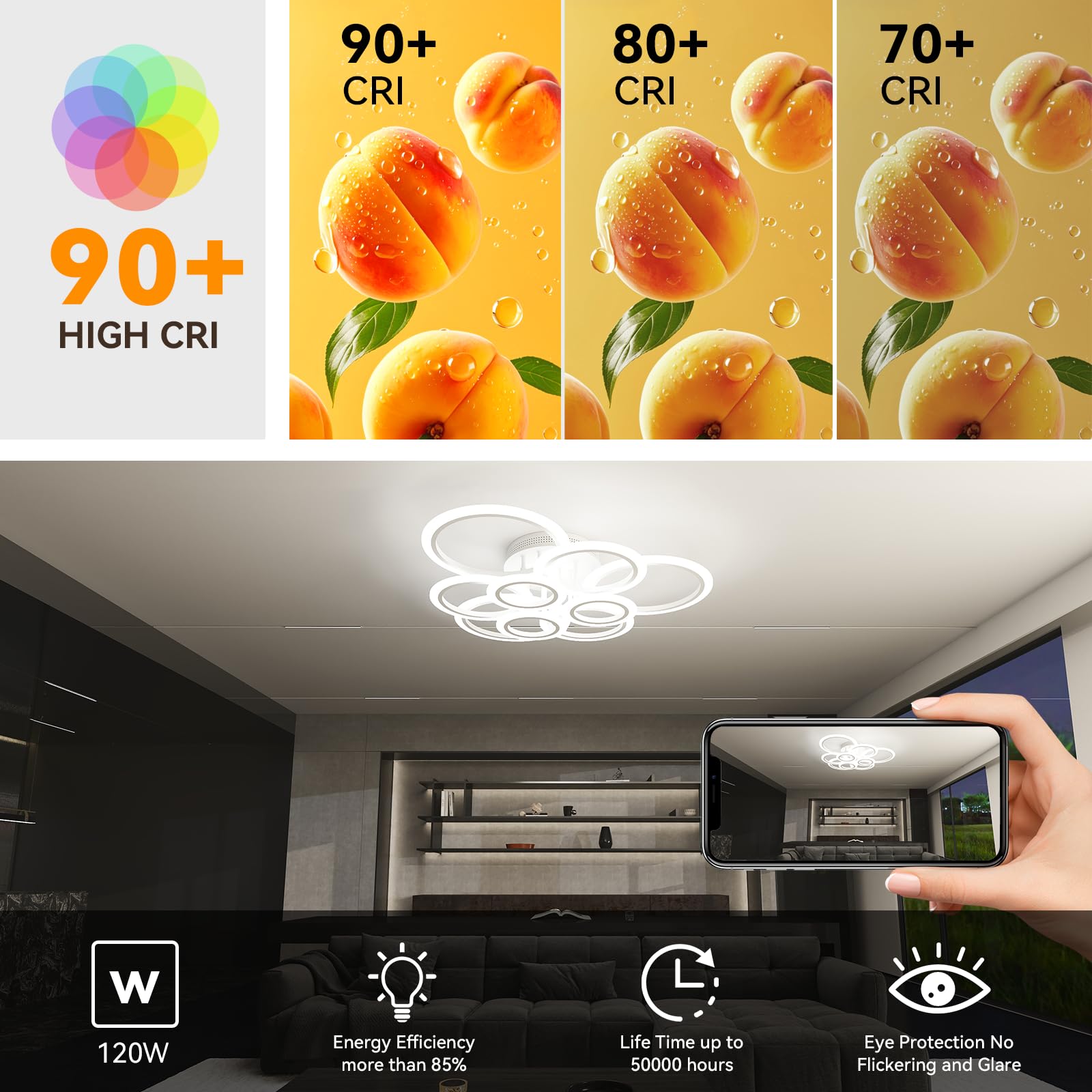 Moderna Lampara de Techo LED, Regulación Continua Lámparas de Techo Salon, Mando a distancia y Anillo Acrílico Smart App Control Lamparas Techo Para Salón Comedor Dormitorio (Blanco, 9 Anillos)