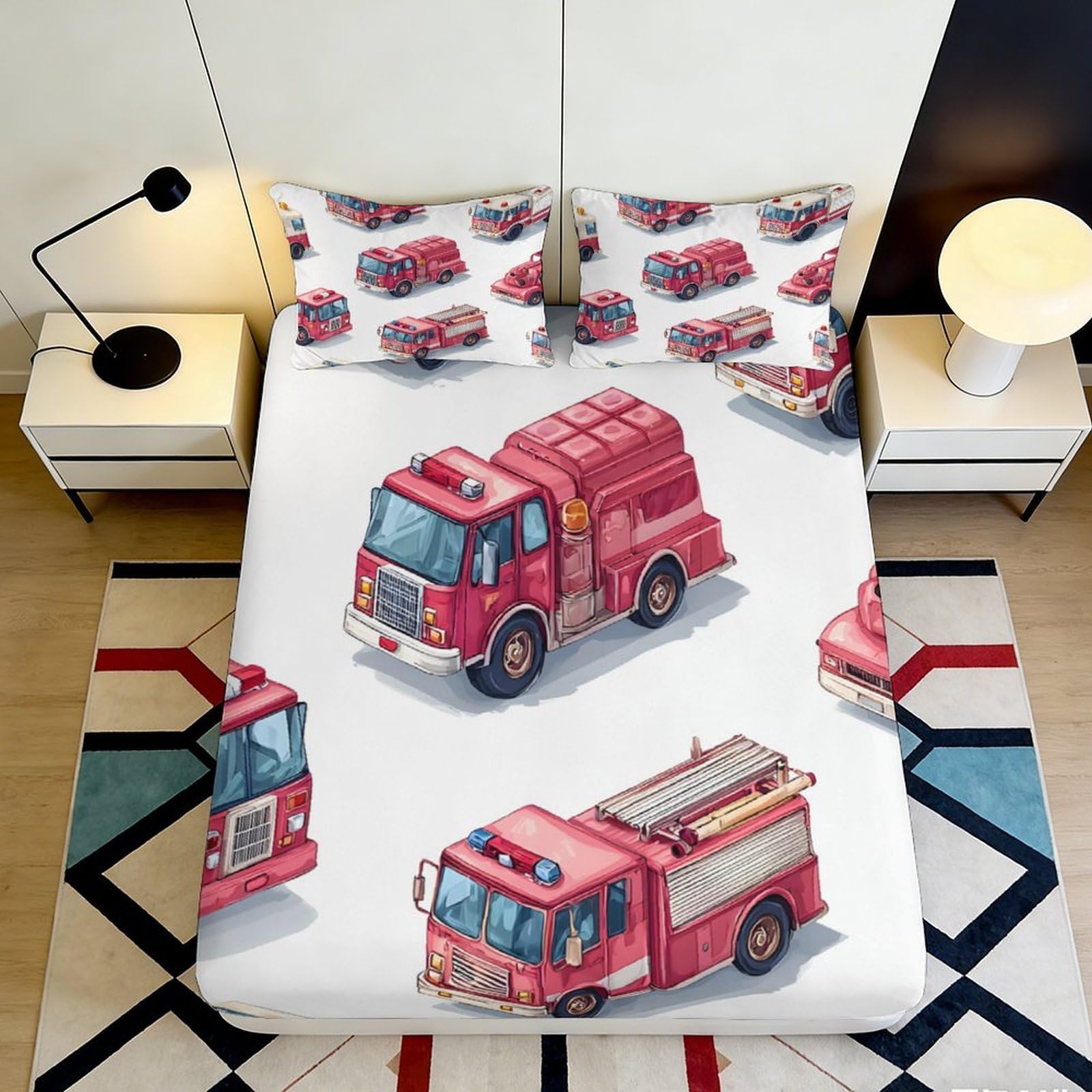 3D Printed Fire Truck Fitted Sheet Microfiber Red Cartoon Mattress Cover for Bedroom Guest Room Decor 90x200x25cm