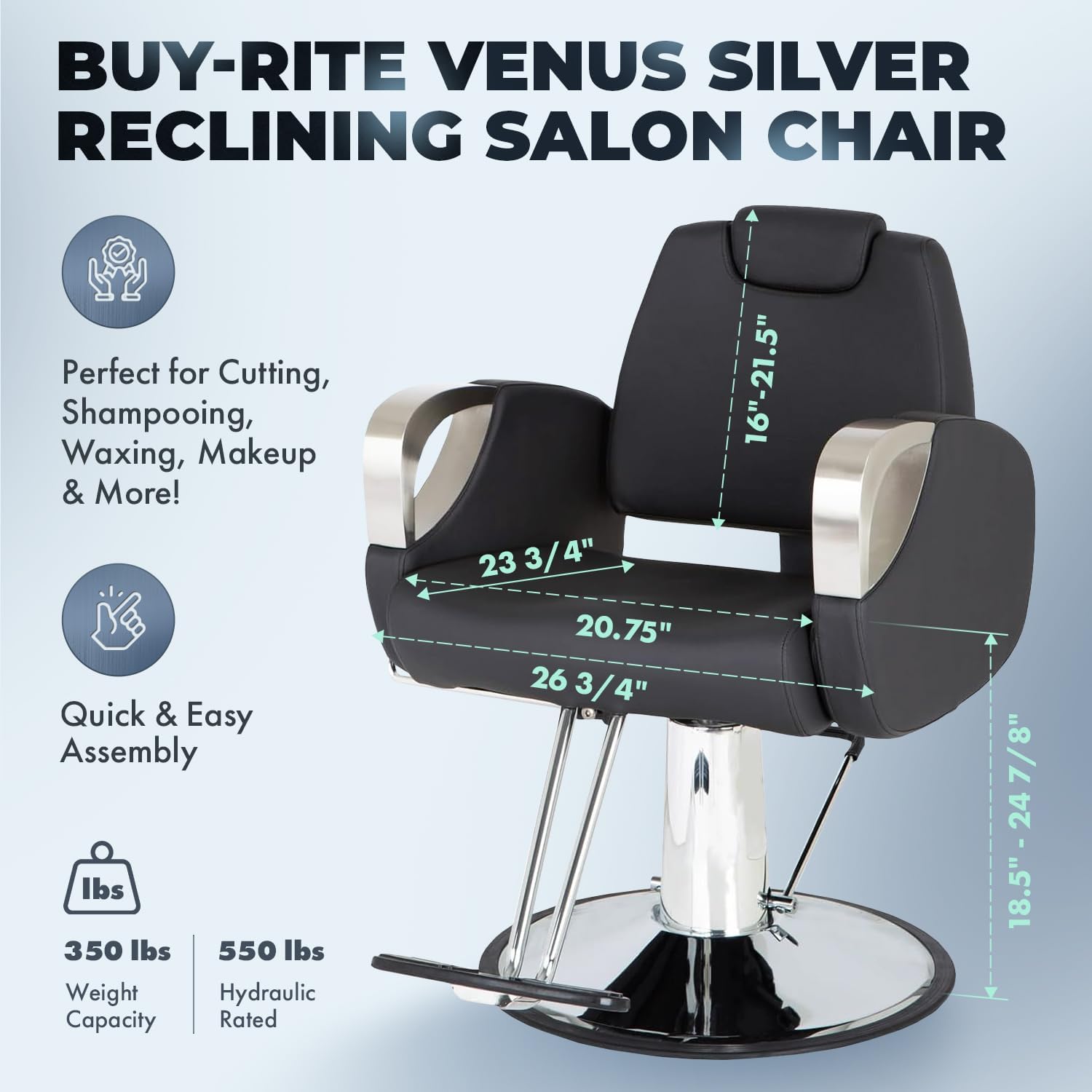 Buy-Rite Venus Silver All Purpose Reclining Salon Chair for Haircuts, Facials, Shampoo & Makeup | Black Vinyl, Silver Armrests, Hydraulic Base, Adjustable Headrest, YLG-375A-SILVER