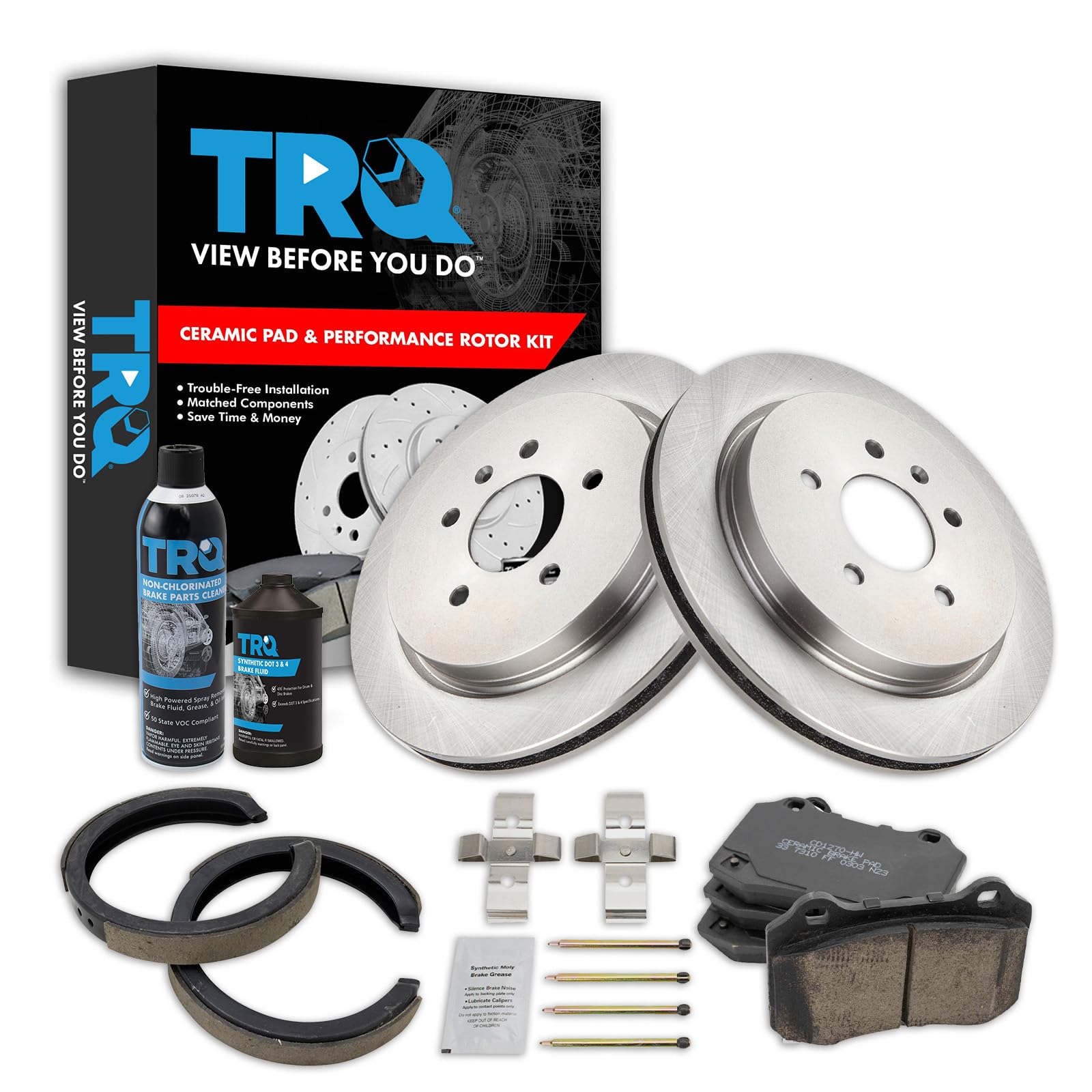 TRQ Rear Brake Pad &amp; Rotor Kit, with Chemical Kit Parking Brake Shoe Set Ceramic Compatible with 2005-2010 Cadillac STS
