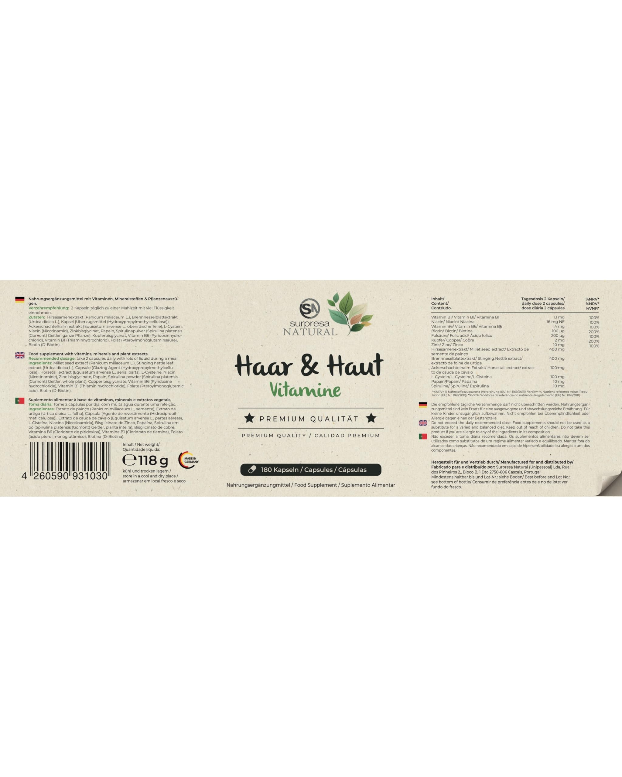 Haut & Haar Kapseln hochdosiert I 3x 180 Kapseln I 200mg Brennessel-Extrakt & Hirsesamen pro Kapsel I Haut & Haar Vitamine I Nahrungsergänzungsmittel vegan & laborgeprüft