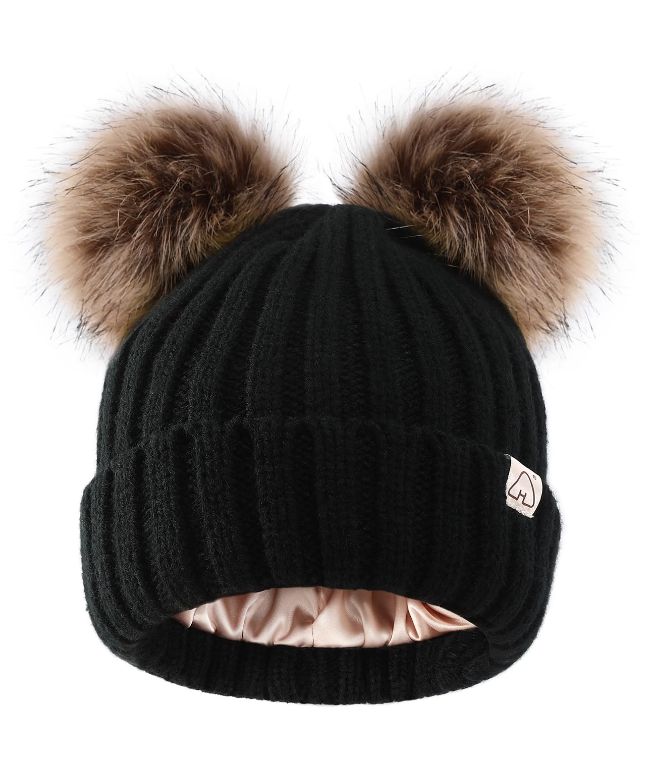 Hat Hut Women's B2-Black 2 Brown Poms Winter Hats For Satin Lined Beanie Hats For Bobble Hat Double Pom Pom Beanie Cap (B2-Black 2 Brown Poms)