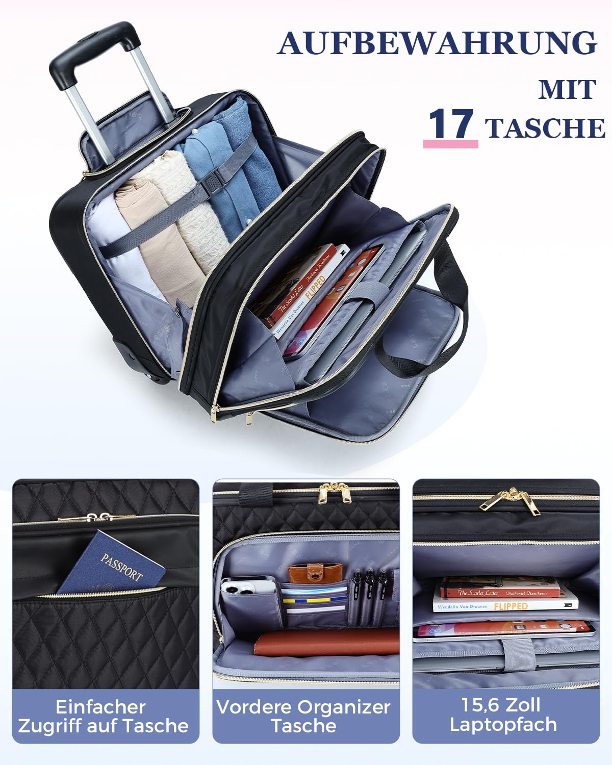 Ponhog Bussiness Laptop Trolley mit Rollen für Damen,Trolley Laptoptasche 15,6 Zoll wasserdichte Aktentasche für Reisen, Arbeit, Schule, Schwarz