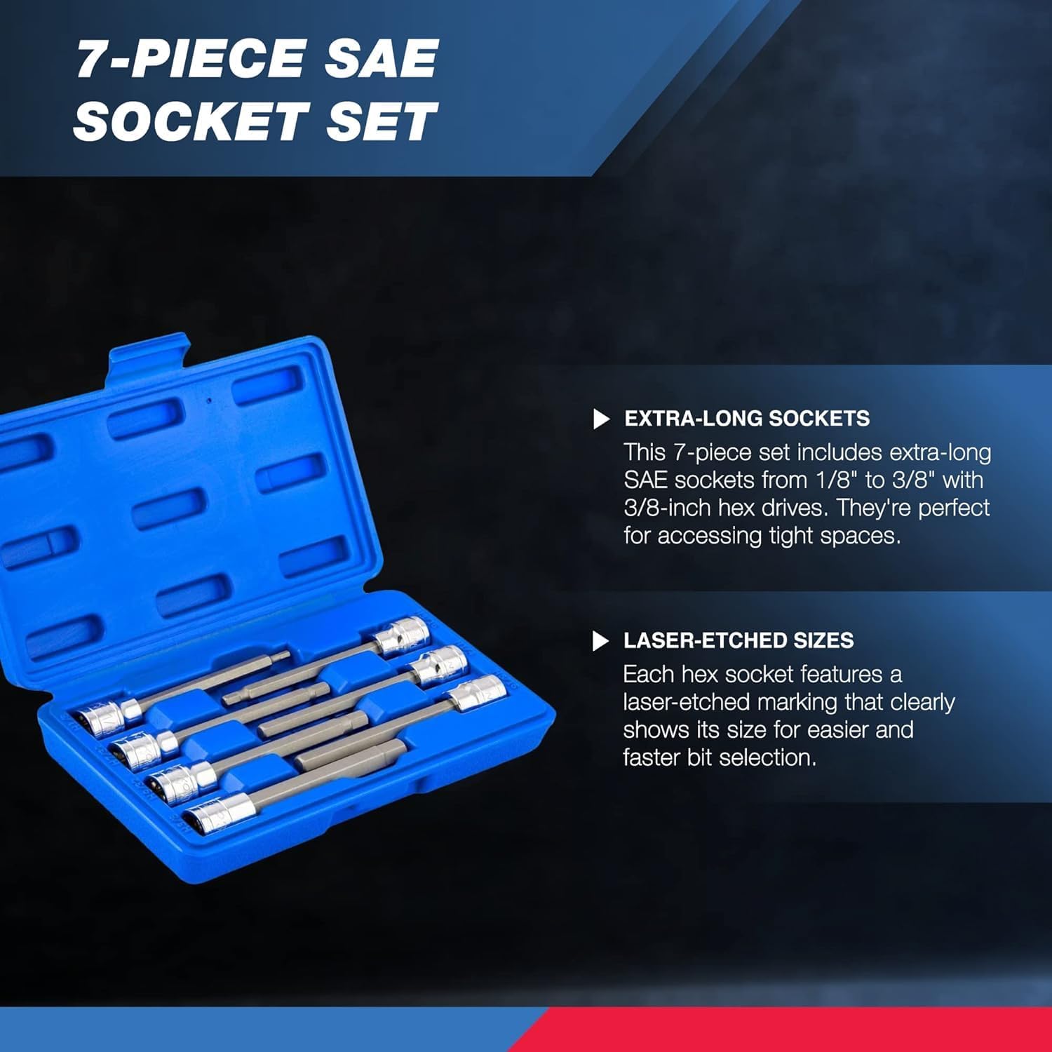Neiko 10072A 3/8-Inch Drive Extra Long Allen Hex Bit Socket Set, SAE, 1/8-Inch - 3/8-Inch | S2 and Cr-V Steel, 7-Piece Set