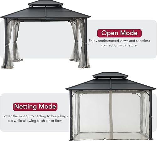 Miniatura 9 de SUNJOY Gazebo de techo rígido de 10 x 12 pies, con marco de acero resistente para exteriores, pabellón de doble techo con gancho de techo y paredes