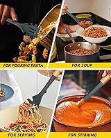 Vista 5 de Juego de cucharón de sopa de silicona y cuchara de espagueti con mango de madera, utensilios de cocina antiadherentes resistentes al calor para Gris