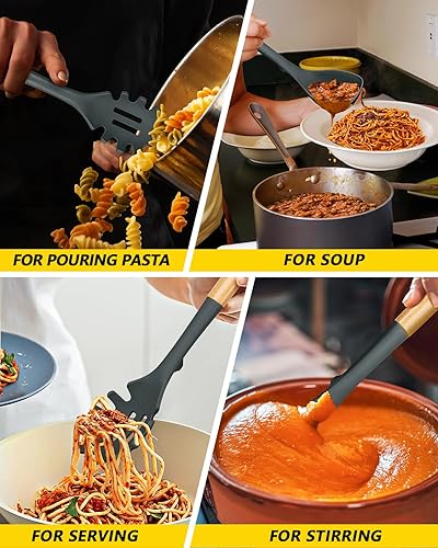 Miniatura 5 de Juego de cucharón de sopa de silicona y cuchara de espagueti con mango de madera, utensilios de cocina antiadherentes resistentes al calor para