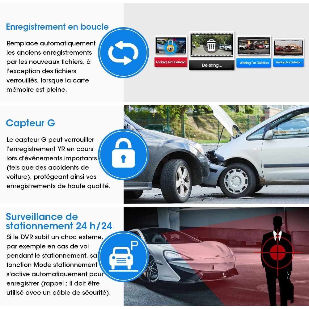 Jansite 10" Dashcam Voiture Rétroviseur Écran Tactile, Arrière et Avant Full HD 1080P Streaming Media DVR 170 ° Grand Angle de Vision Nocturne avec 10 Mètres de Câble