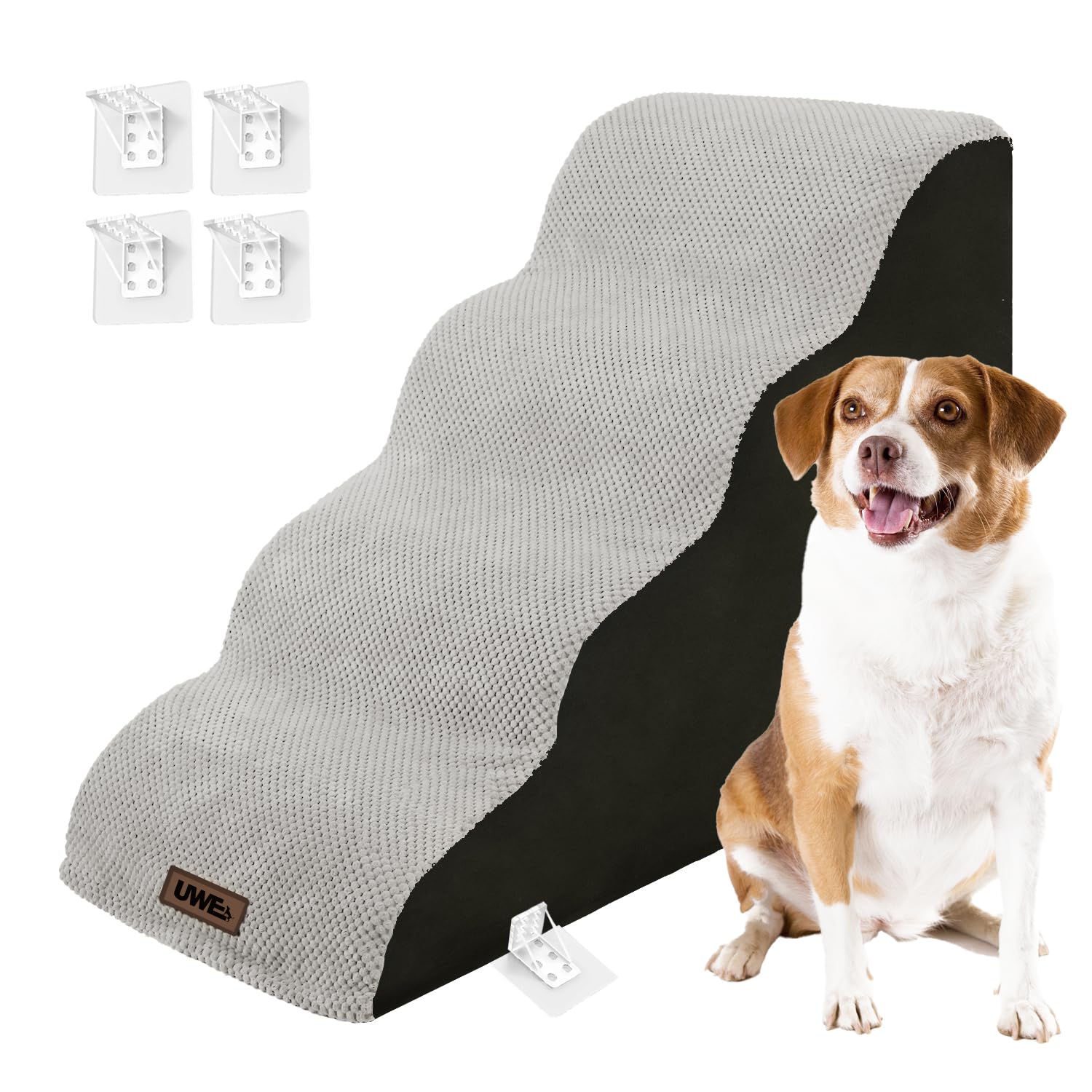 UWE Dog Stairs, Dog Ramps for Large Dogs and Small Dogs, High-Density Foam Never Collapse Easily, Non-Slip Dog Steps with Removable Cover, Dog Stairs for High Beds for Couch (Black, 4 Steps)
