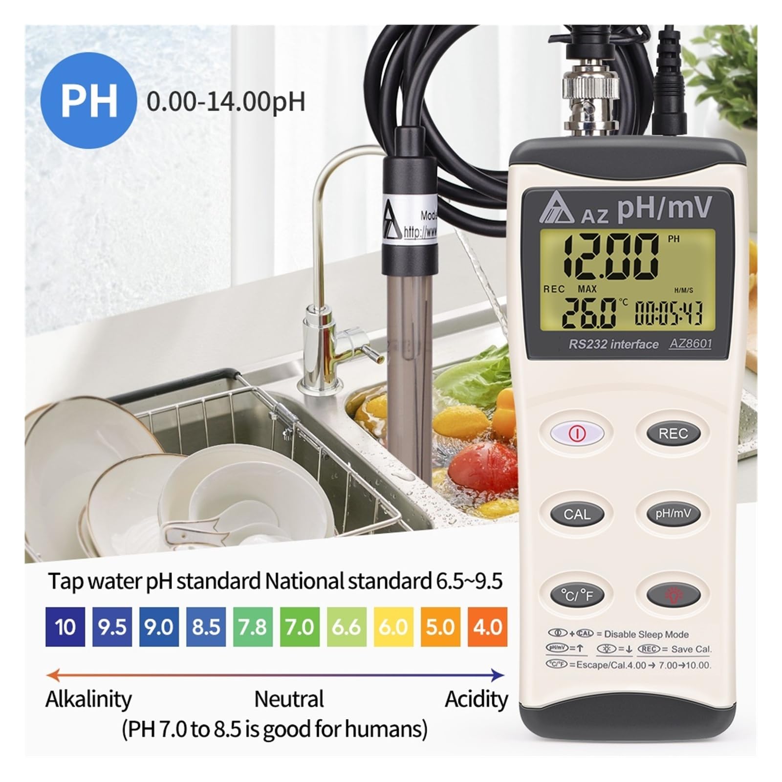 Testeur de qualité de l'eau Testeur de pH AZ8601 0,00 à 14,00 pH for Aquarium, aquaculture, pH, température, MV, qualité de l'eau