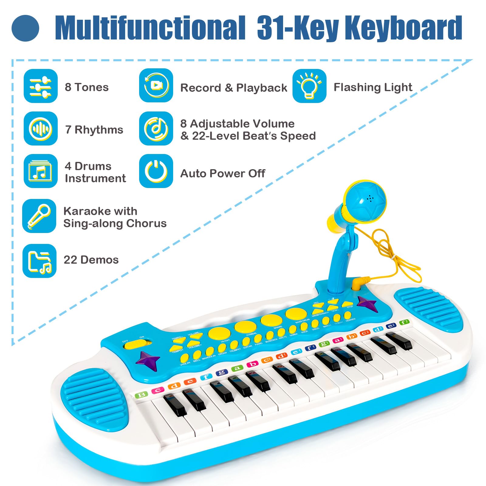 KOMFOTTEU Pianola Bambini Musicale Tastiera, Tastiera Digitale a 31 Tasti, Mini Tastiera per Bambini con Effetti Luminosi e Microfono, Strumenti Musicali con Sgabello, 22 Battiti/8 Toni/7 Ritmi (Blu)