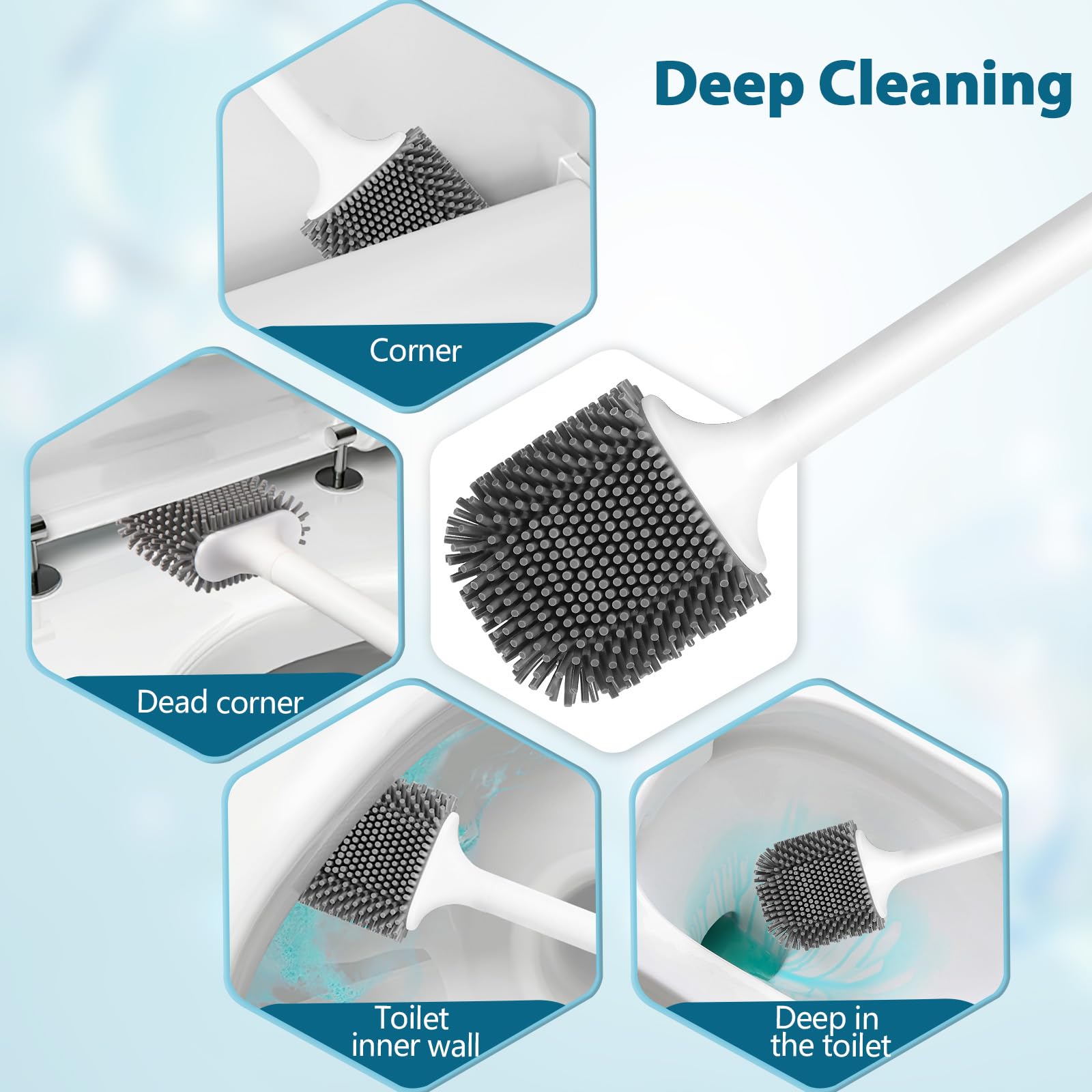 Scopino per WC in silicone per angoli e colonne, con manico extra lungo, da parete, con manico bianco con testa grigia