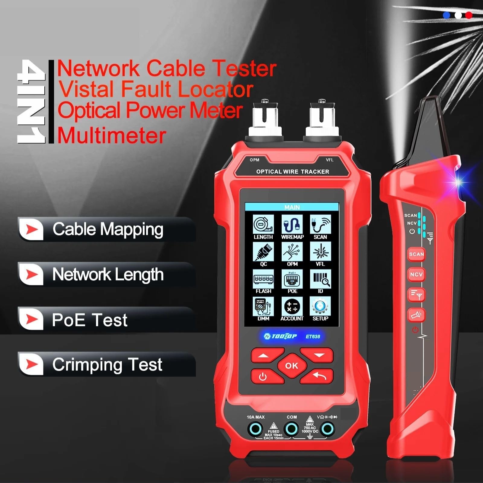 Tester per cavi di rete, Tester for cavi di rete 4 in 1 Misuratore potenza in fibra ottica multifunzione Localizzatore visivo guasti Monitoraggio della linea LAN senza rumore(ET638)