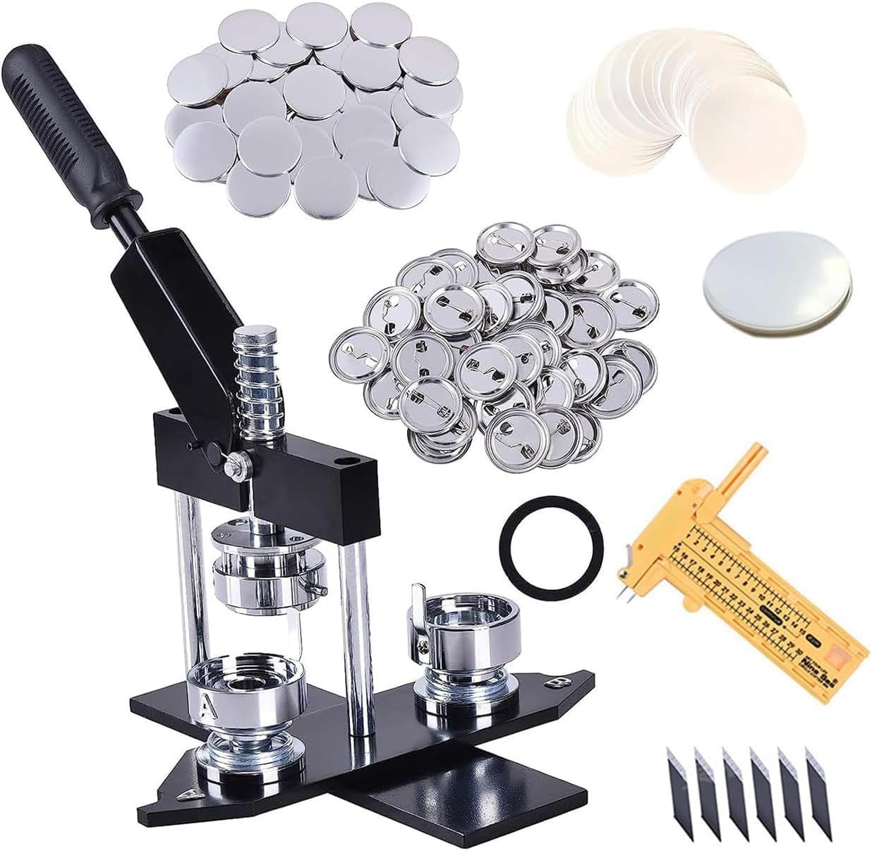 WLYPE Badge Maker, Rotatable Button Press Badge Maker 32mm/58mm Round Die Moulds, 100 Sets of Badges+20 Hand-Painted Papers, DIY Round Badge Punch Press Maker(32mm)