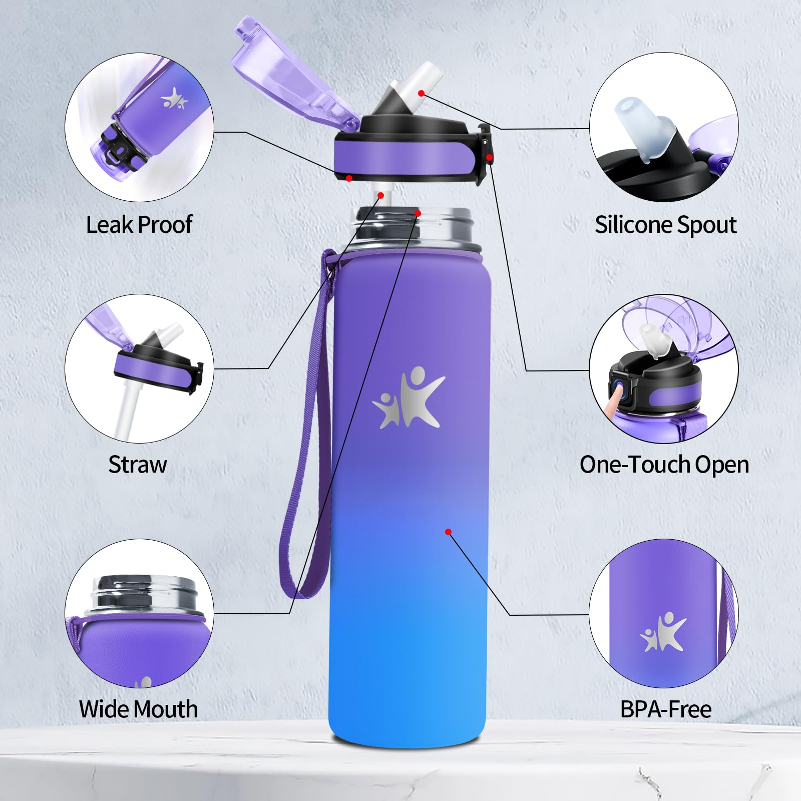 KollyKolla Borraccia Termica 1 Litro, a Prova di Perdite, Borracce Termiche con Cannuccia, Riutilizzabile, Bottiglia Acqua Termos senza BPA, Borraccia per Bambini, Adulto, Campeggio, Ciclismo