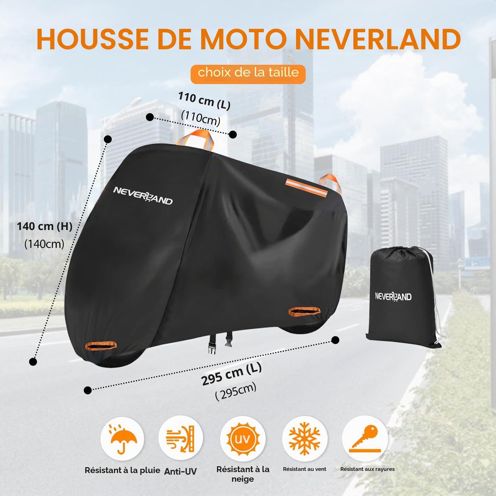 NEVERLAND Bâche Moto Imperméable, Oxford 210D Housse Moto, 295x110x140cm | Bache Moto Exterieur Etanche avec Bandes Réfléchissantes, Protection pluie, UV, poussière pour Moto et Scooter