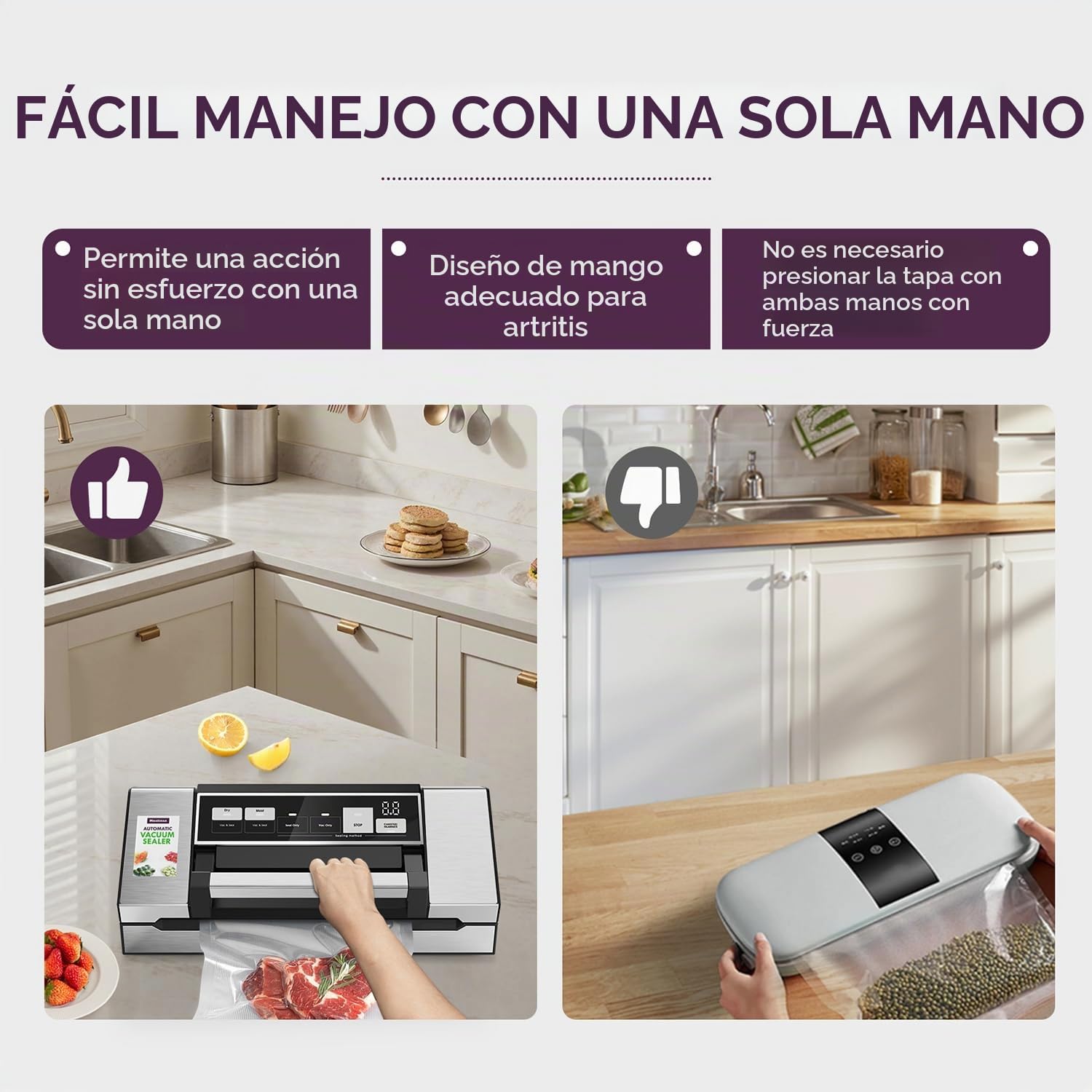 Mesliese Envasadora al vacío 95 kPa 140W, 20 L/min, doble sellado, cortador integrado, + 2 tapas de vacío para tarros y frascos