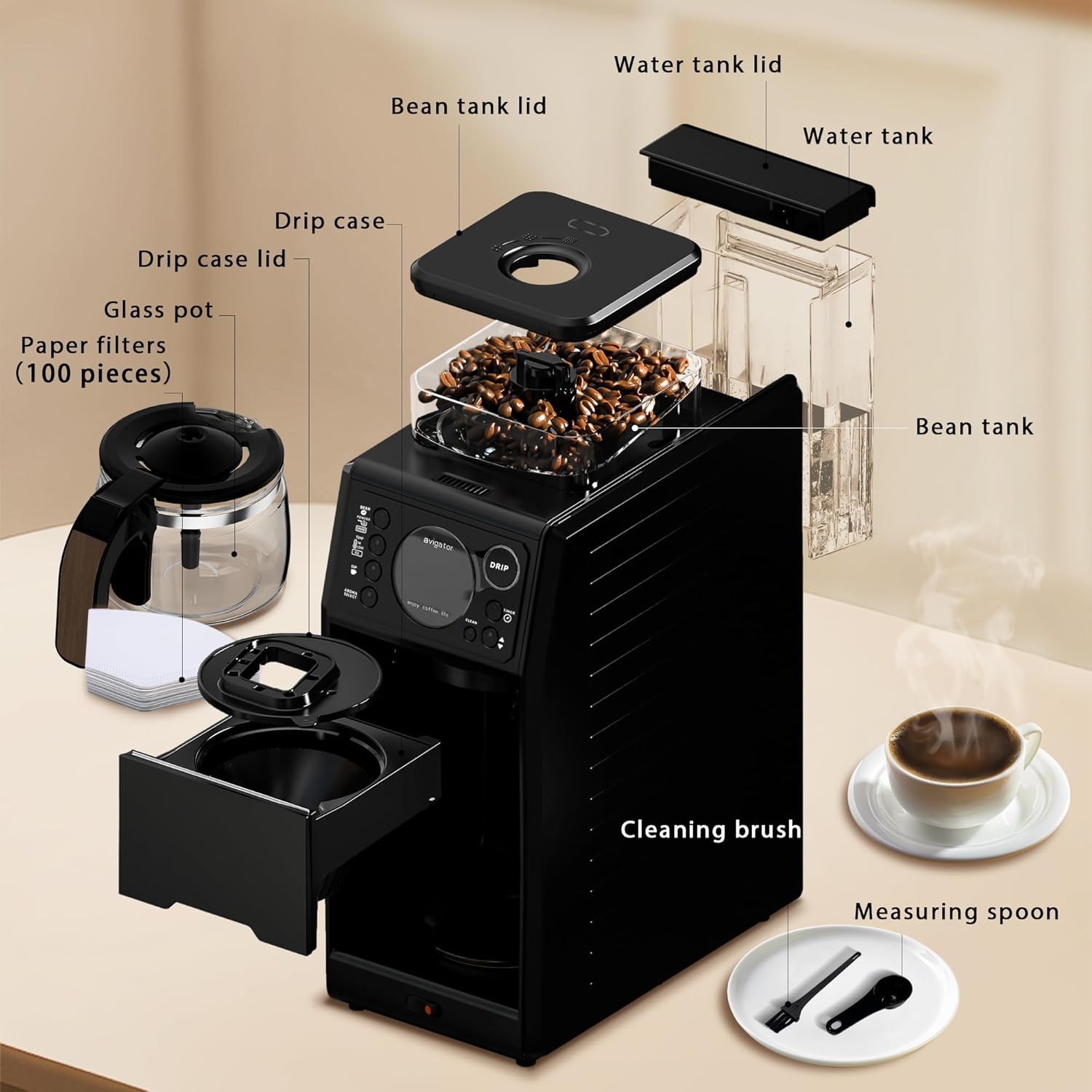 Exploded view of avigator Coffee Maker components including water tank, bean tank, drip case, glass pot, paper filters, measuring spoon, and cleaning brush.