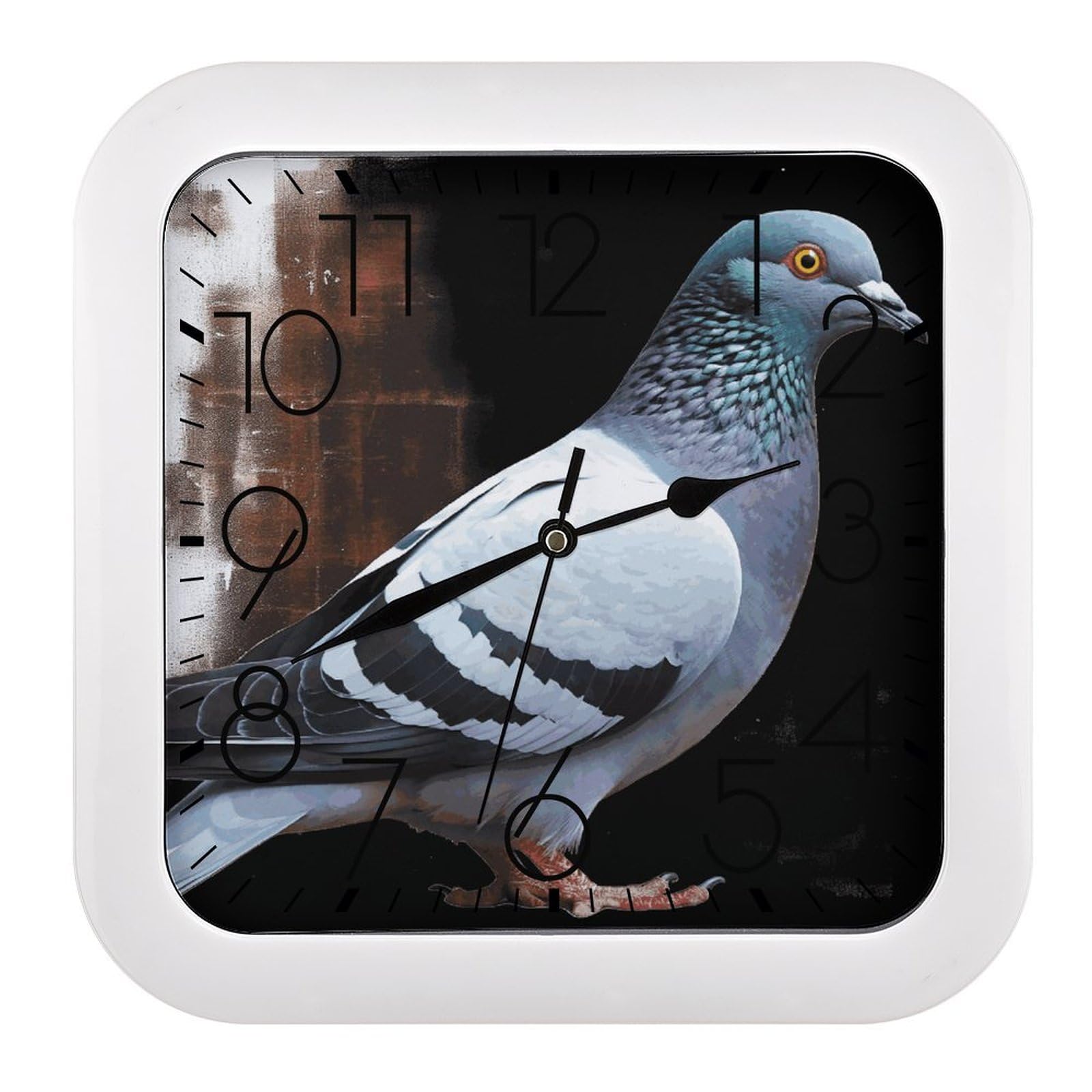 Horloge murale carrée sans tic-tac à piles avec grand cadran pigeon 25cm
