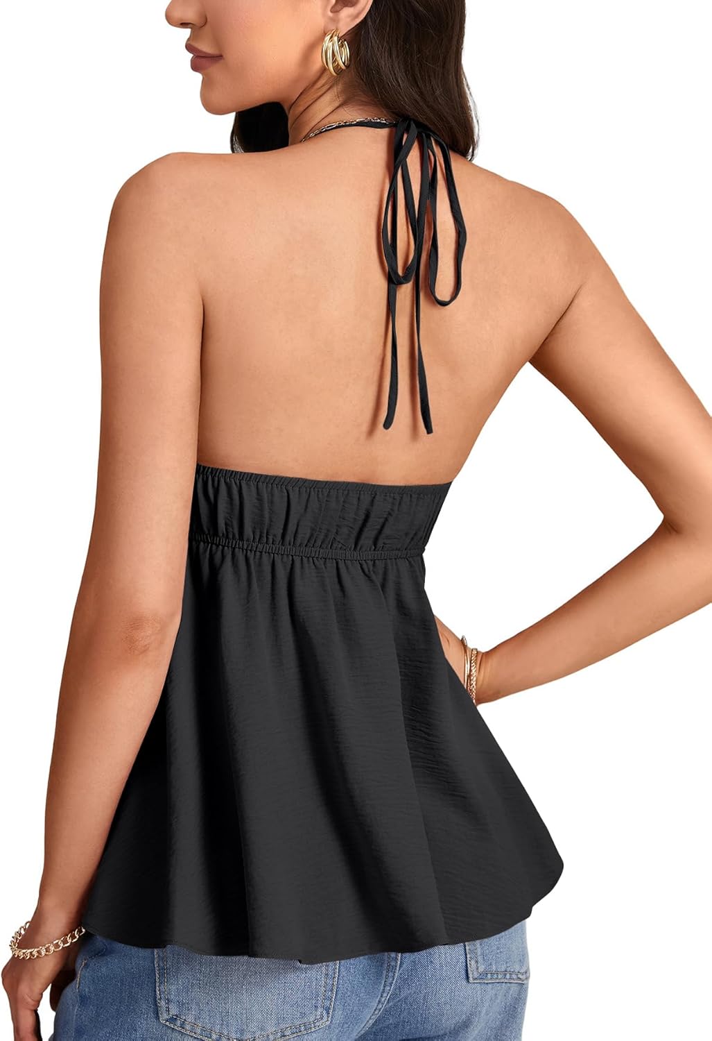 Rooscier Women's Halter Deep V Neck Backless Sleeveless Ruched Peplun Sexy Cami Tank Tops - Image 5