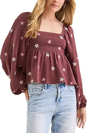 Floral V-Neck Smocked Lantern Sleeve Blouse main image 1