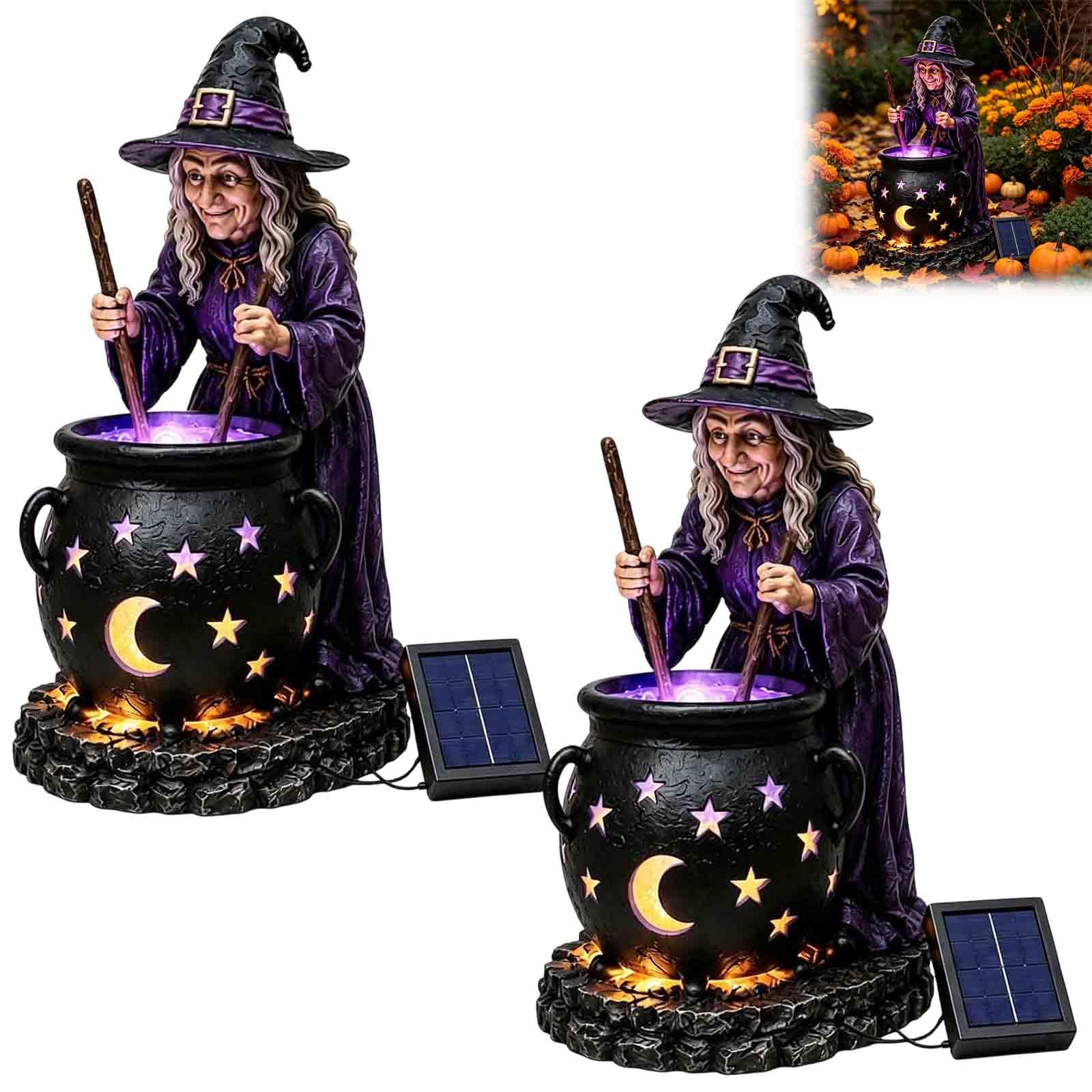 Strega solare e calderone luminoso, luci da giardino di Halloween, 2 pezzi
