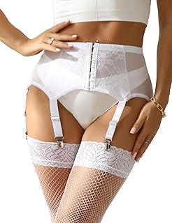 comeondear Liguero Talla Grande Mujer Sexy Encaje Lenceria Hot Liguero Cintura Alta con 6 Clips Ajustables Transparente Elástico Ligas para Medias Ropa Interior Feminina Blanco 3XL-4XL