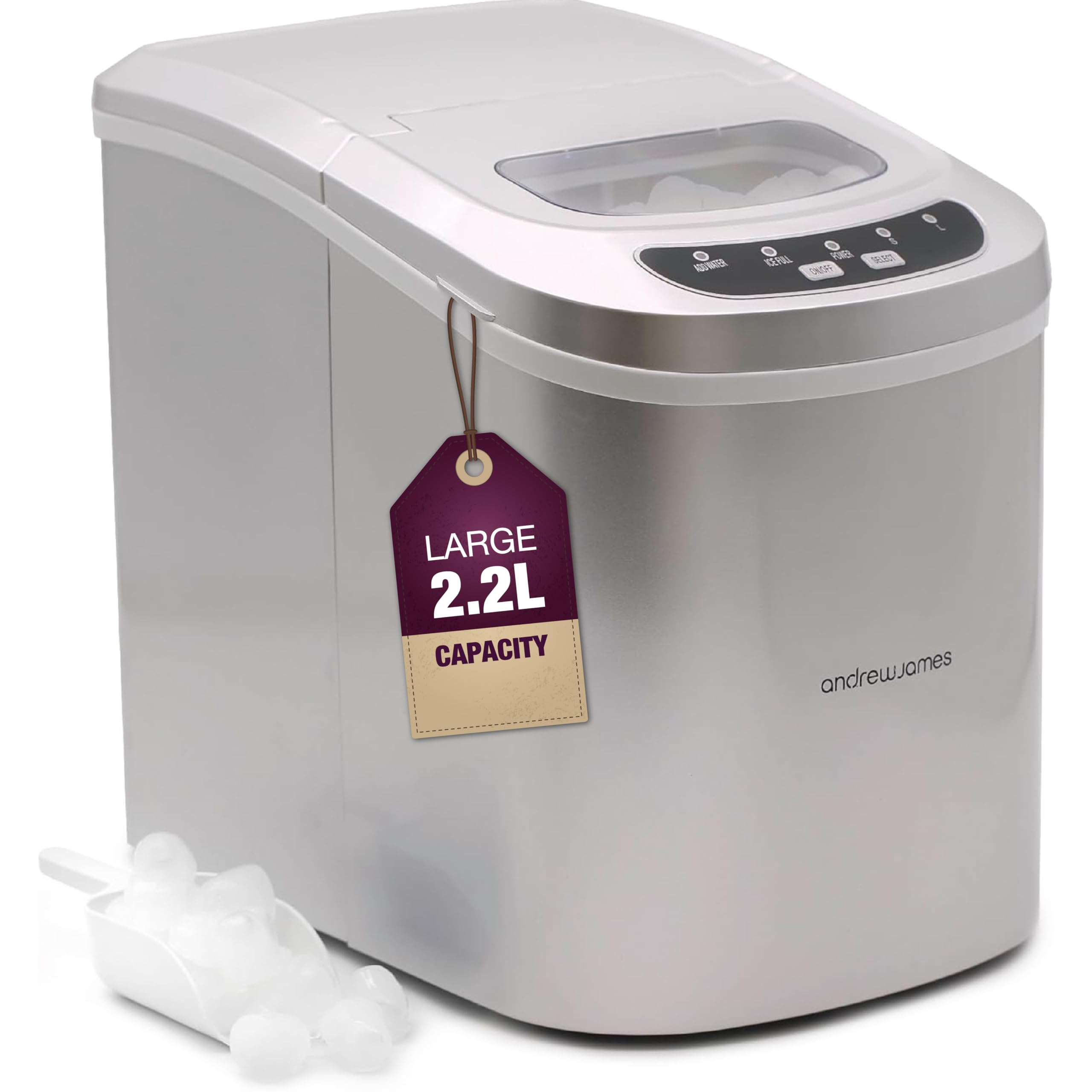 2.2L Andrew James Ice Maker Machine, 12kg of Ice in 24hrs, Portable Countertop Ice Machine for Home, Electric Ice Dispenser with Scoop & Basket, Self-Cleaning, Small or Large Ice Cubes โ image 1