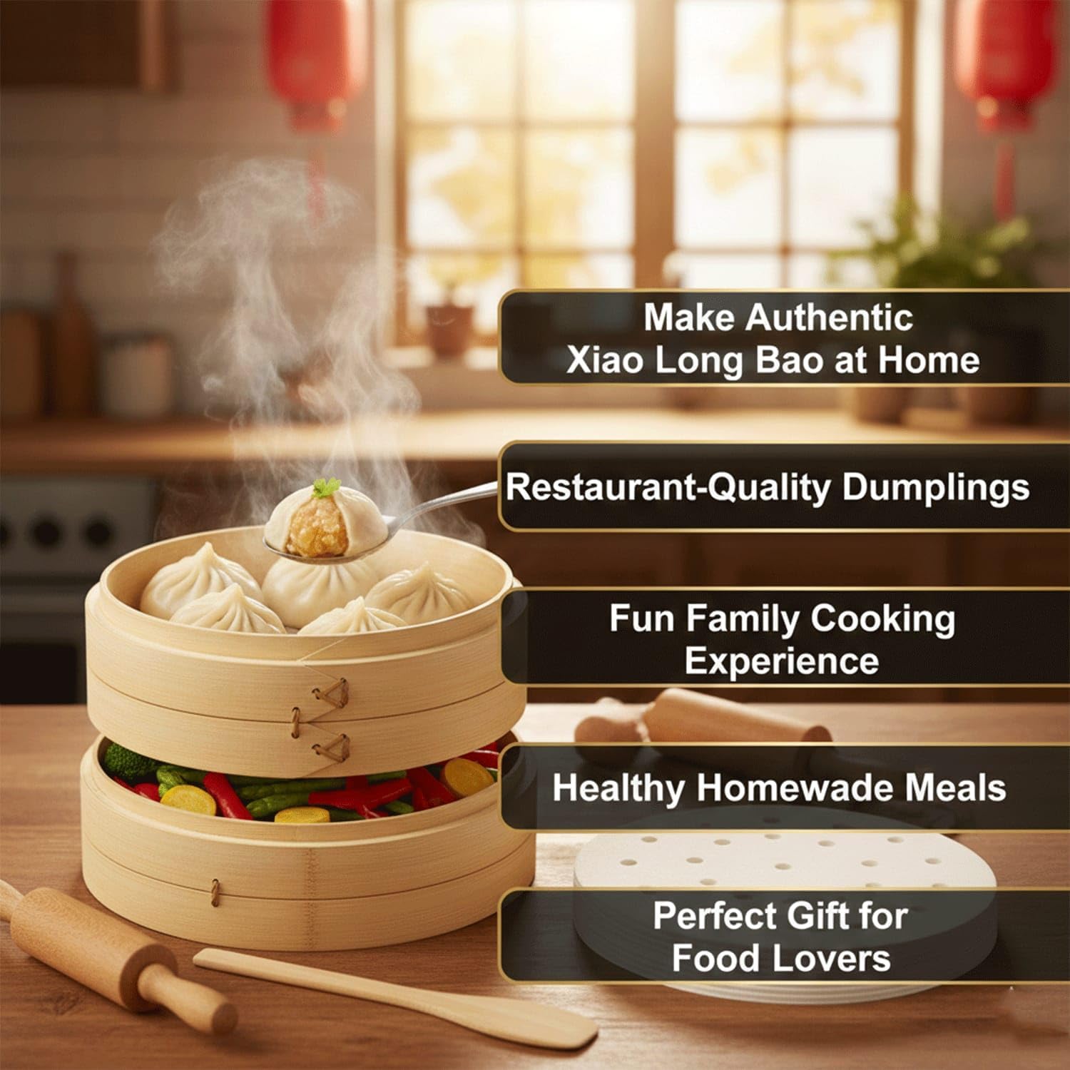 Bamboo Steamer Basket 10 Inch | 2 Tier Dumpling and Dim Sum Steamer for Bao Buns Vegetables and Asian Cooking | Bamboo Steaming Basket Set with Parchment Liners and Food Tongs