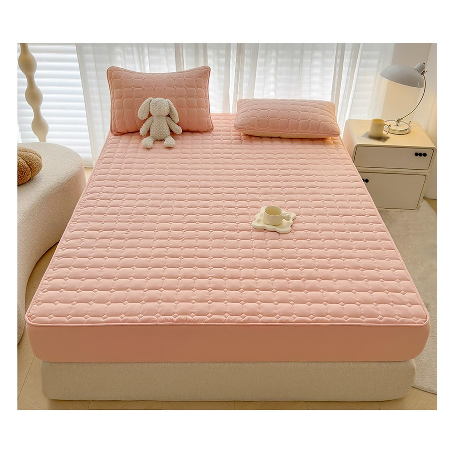 Grand bonnet drap housse double rose 150 x 190 cm aux finitions soignées