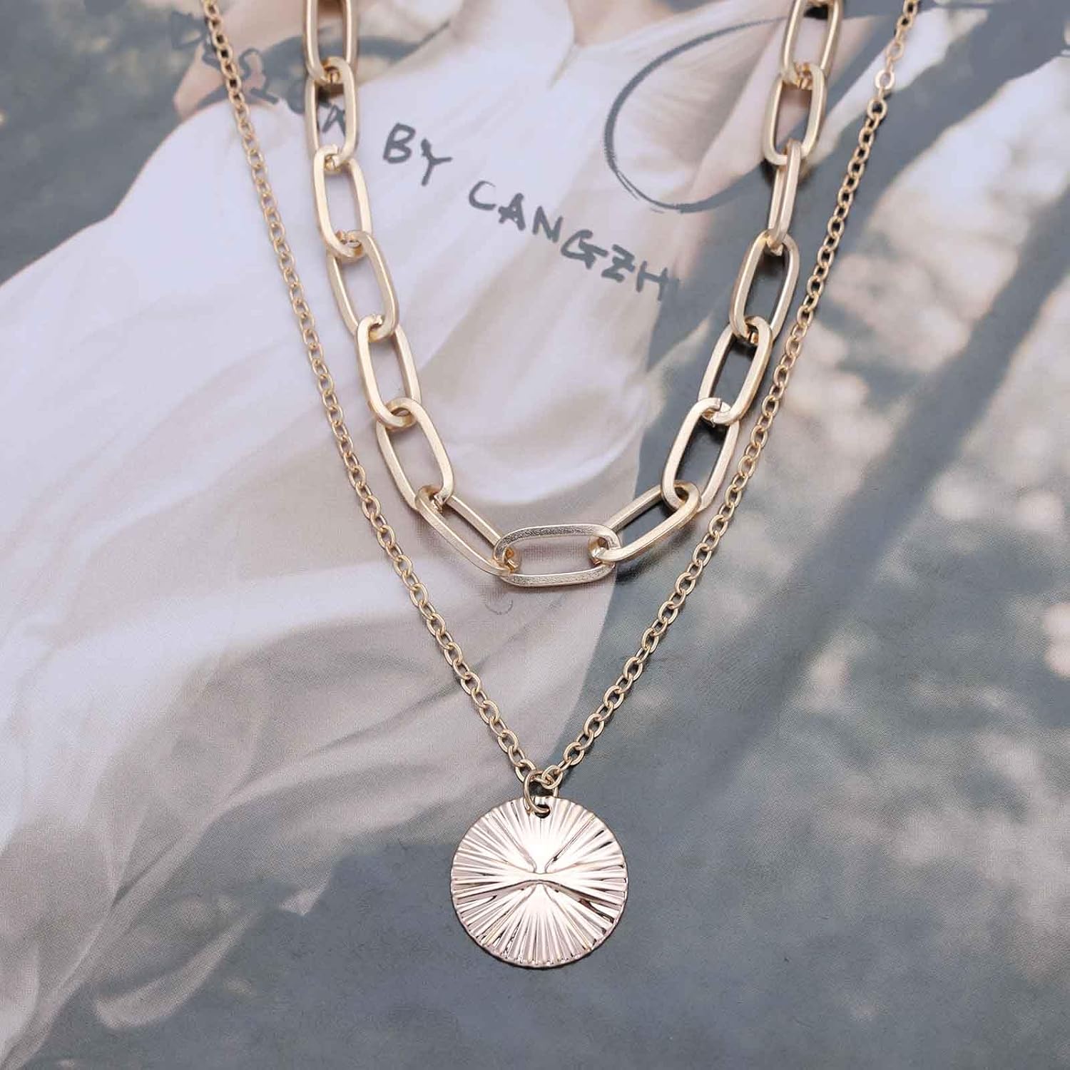 Vintage Layered Disc Coin Necklace Textured Coin Pendant Necklace Gold Paperclip Chain Necklace Hammered Disc Choker Necklace Jewelry for Women - Image 6