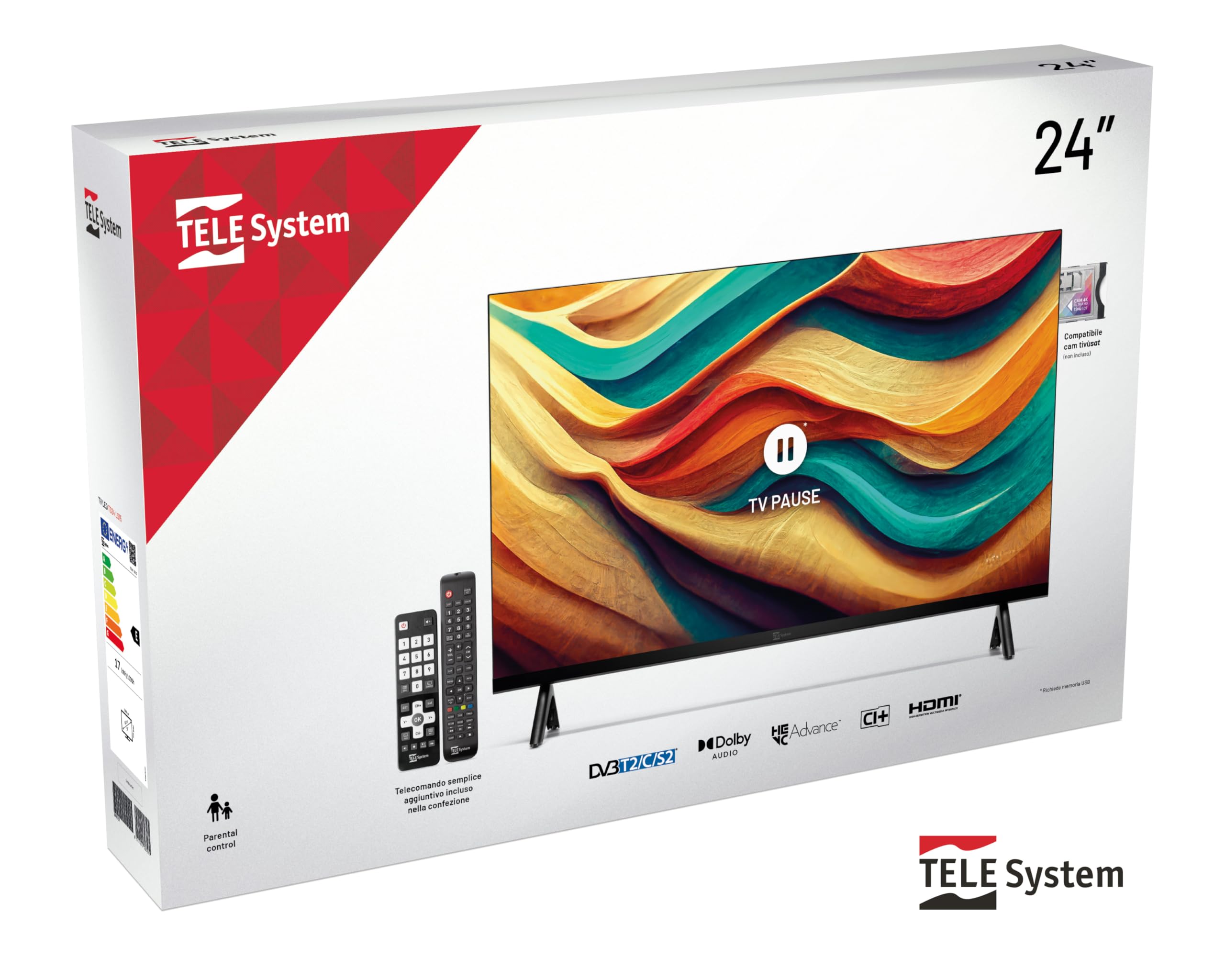 TELE System TS24LS15 TV 24'' Ready con DVB-T2/S2 HEVC 10bit, Compatibile CAM tivùsat, USB Media Player, TV Pause, Hotel Mode, Doppio Telecomando (Standard + Easy), LED 24 Pollici per Casa, Hotel e B&B