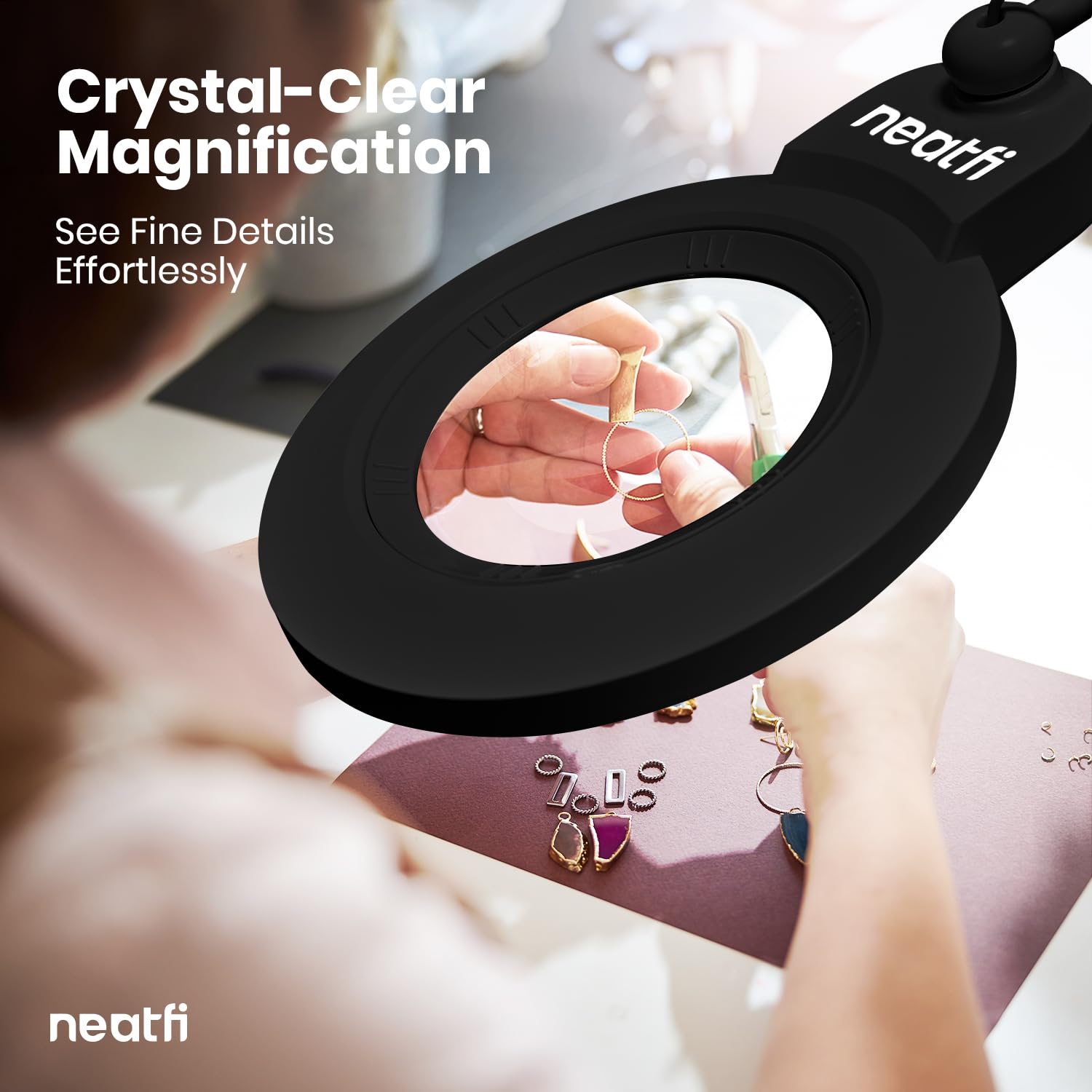 Neatfi XL bifocale Lampada d’ingrandimento LED, dimmerabile | 3 modalità di illuminazione, braccio regolabile e morsetto di fissaggio (Lente da 13 cm)