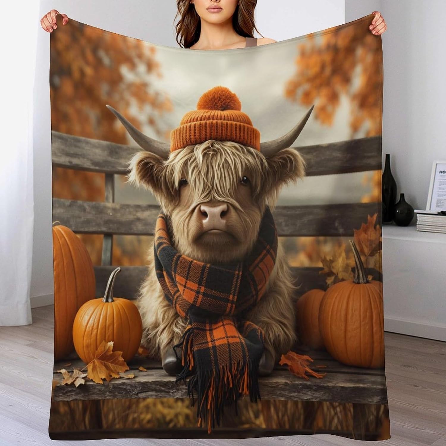 Autumn Cow Wearing Scarf Pumpkin Flannel Fleece Throw Blanket for Kids, Soft Lightweight & Anti-Pilling Cozy Blanket for Couch, Bed, Sofa, Camping, and Travel 70"x80"