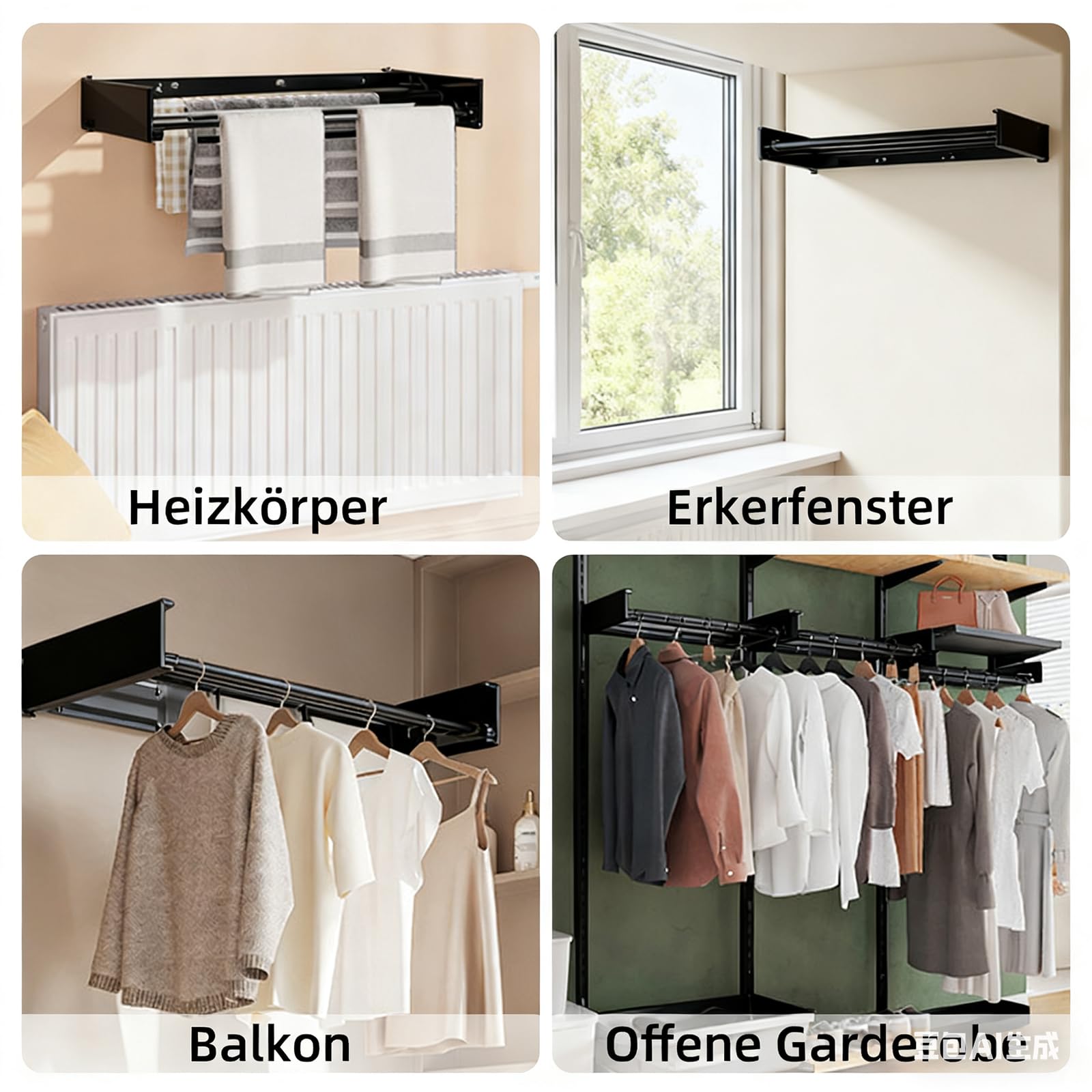 Stendibiancheria da parete con 4 aste, da 50 cm, allungabile, pieghevole, in acciaio al carbonio, salvaspazio, per bagno, balcone, terrazza (nero con gancio)