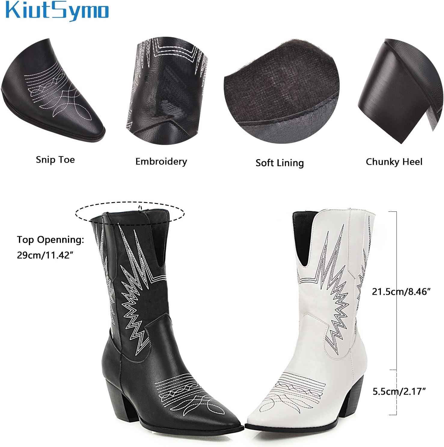 KiutSymo Cowboy Boots For Women Retro Embroidered Cowgirl Boots Stitching Pull On Mid Calf Western Boots