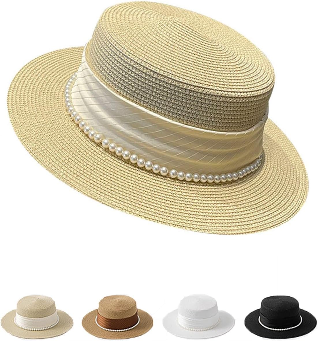 Straw Flat Top Sun-Boater-Hat for Men Women, Wide Brim Summer Beach Hat