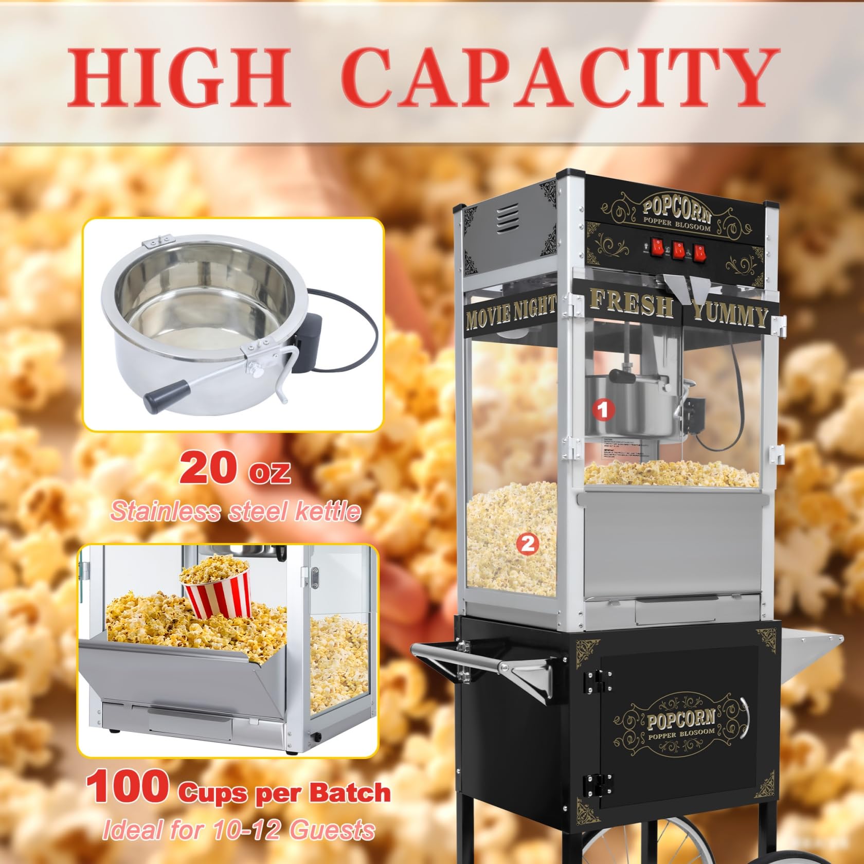 Máquina de palomitas de maíz de 20 onzas con carrito, ruedas y hervidor de acero inoxidable, estilo vintage, máquina para hacer palomitas de maíz para fiestas, eventos, uso doméstico y comercial 5