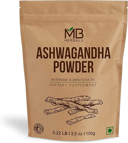MB Herbals Polvo puro de Ashwagandha de 3.53 oz (3.5 onzas)  Probado en laboratorio  Ginseng indio  Polvo de raíz Withania somnifera  Sin