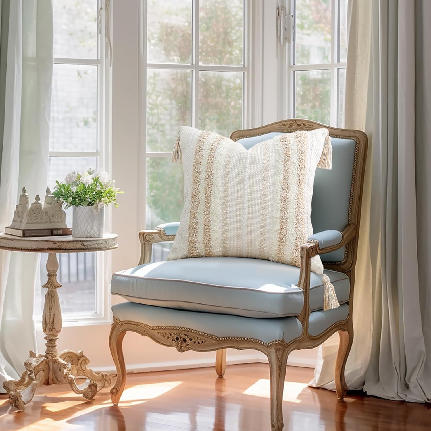 decorUhome Decorative Boho Throw Pillow Covers 18x18 Set of 2, Accent Neutral Textured Tufted Pillow Covers Striped for Couch Bed Sofa Living Room, Khaki and Cream White - Image 6