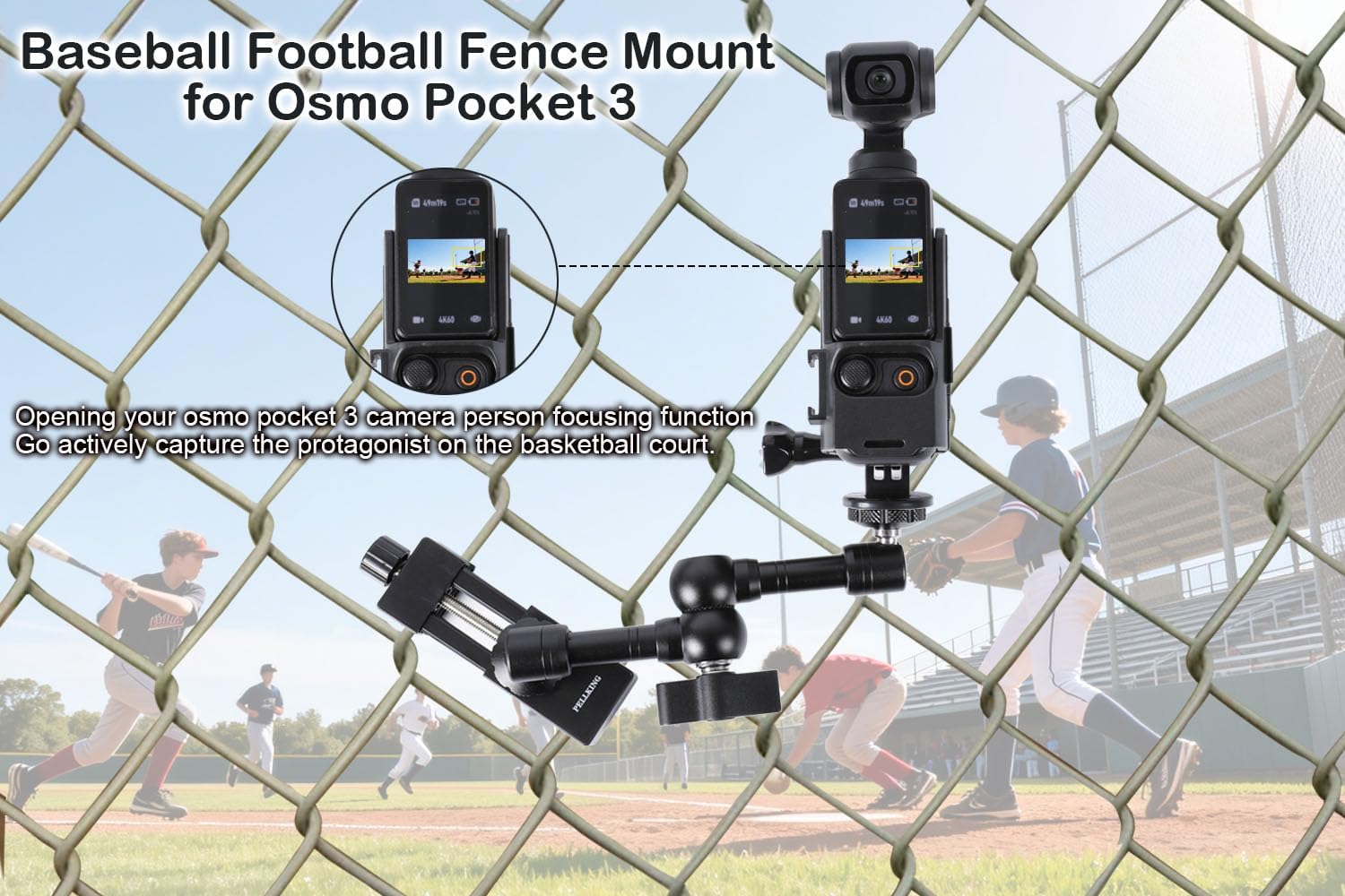 PellKing Osmo Pocket 3 Fence Mount for Live Streaming, Fence Holder for Osmo Pocket 3 Mounting Kit with Protective Cage Frame for Game Changer to Recording Baseball,Softball and Tennis Games
